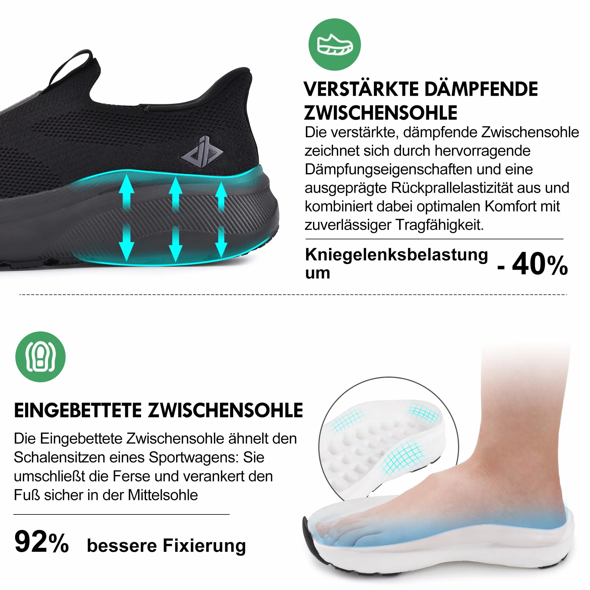JACKSHIBO Slip a mano libera in scarpe da uomo, slip on sneakers, supporto per l'arco, scarpe ortopediche in memory foam, scarpe da passeggio, con ampia scatola a punta zero, suole, Nero , 47 EU Larga