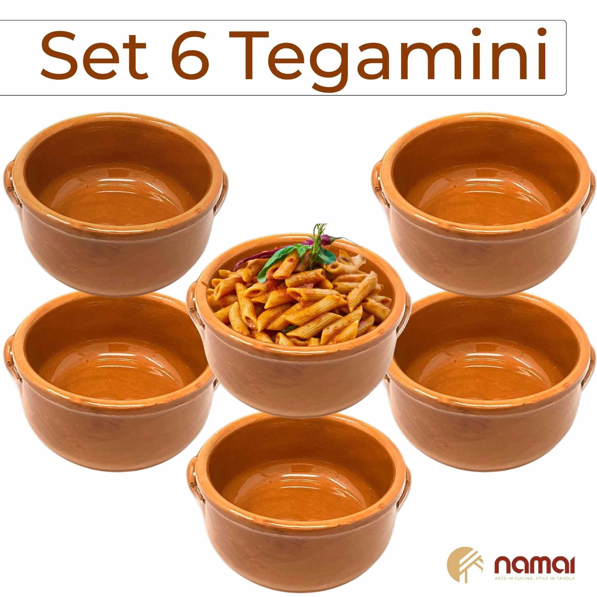 NAMAI Set 6 Tegami Terracotta, Ciotole in Terracotta, Misura 14 CM di Diametro e 6,5 CM di Altezza, Artigianali e Resistenti, Marroncino, Made in Italy