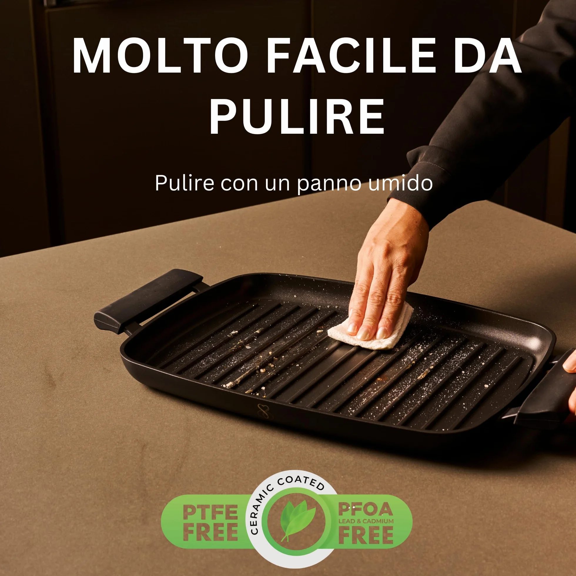 Stone&Stone Bistecchiera Induzione 47 cm Rettangolare, Piastra Grill Antiaderente Ceramico Tedesco, Fondo Acciaio Pieno, Senza PFAS PFOA PTFE