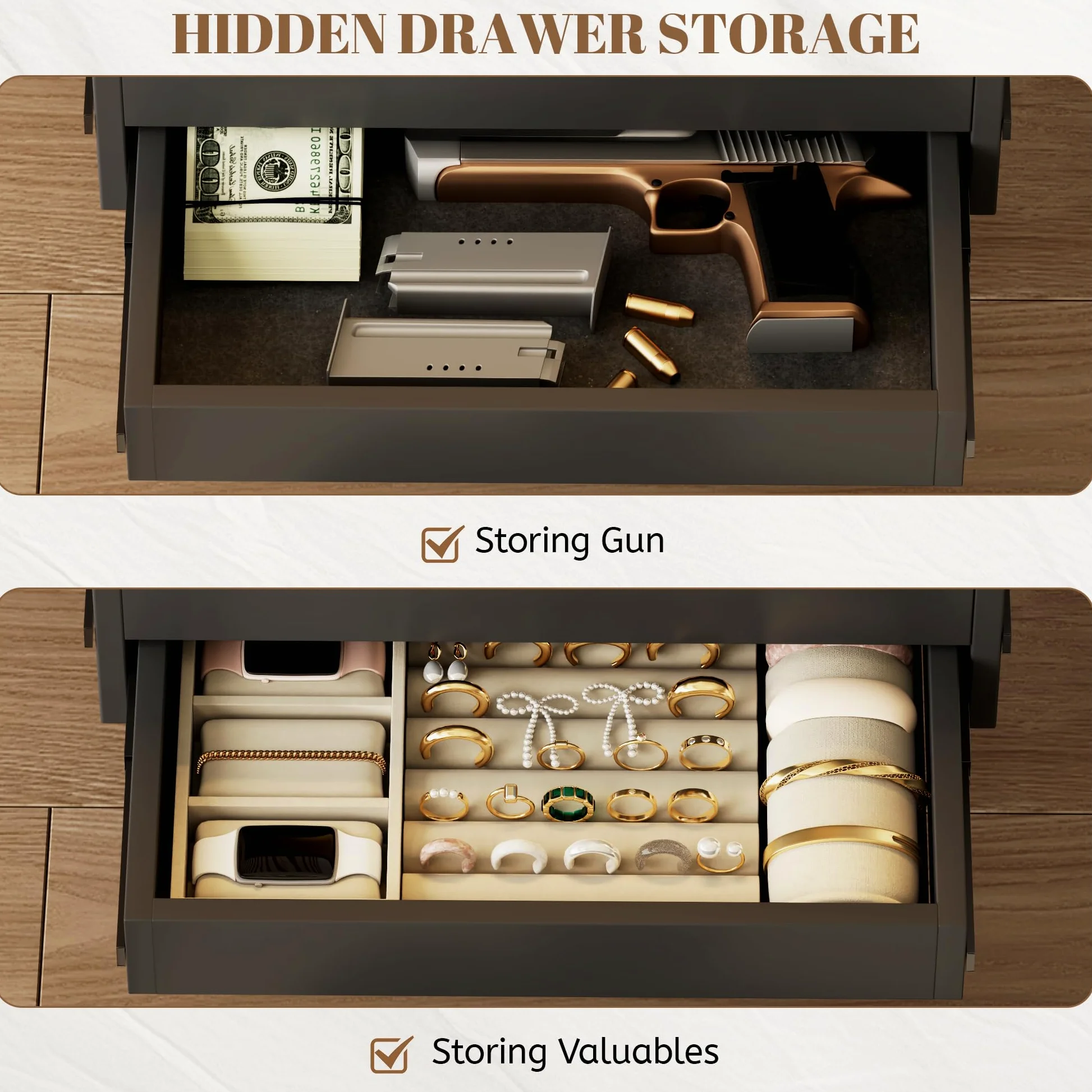 Vlsrka LED Comodino con Cassetto Nascosto, Comodino con Funzione di ricarica, Comodini moderni con 3 Cassetti, Comodini in Legno Camera da letto, Ricarica Wireless, Luci 3 colori, Nero