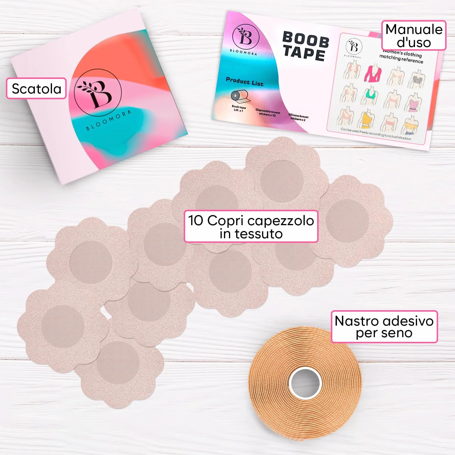 BLOOMORA Boob Tape Essential - Body Tape 5 cm con Copricapezzoli in Silicone - Nastro Push Up per Seno Grande - Nastro Adesivo Seno Extra Largo - Reggiseno Adesivo Invisibile Beige
