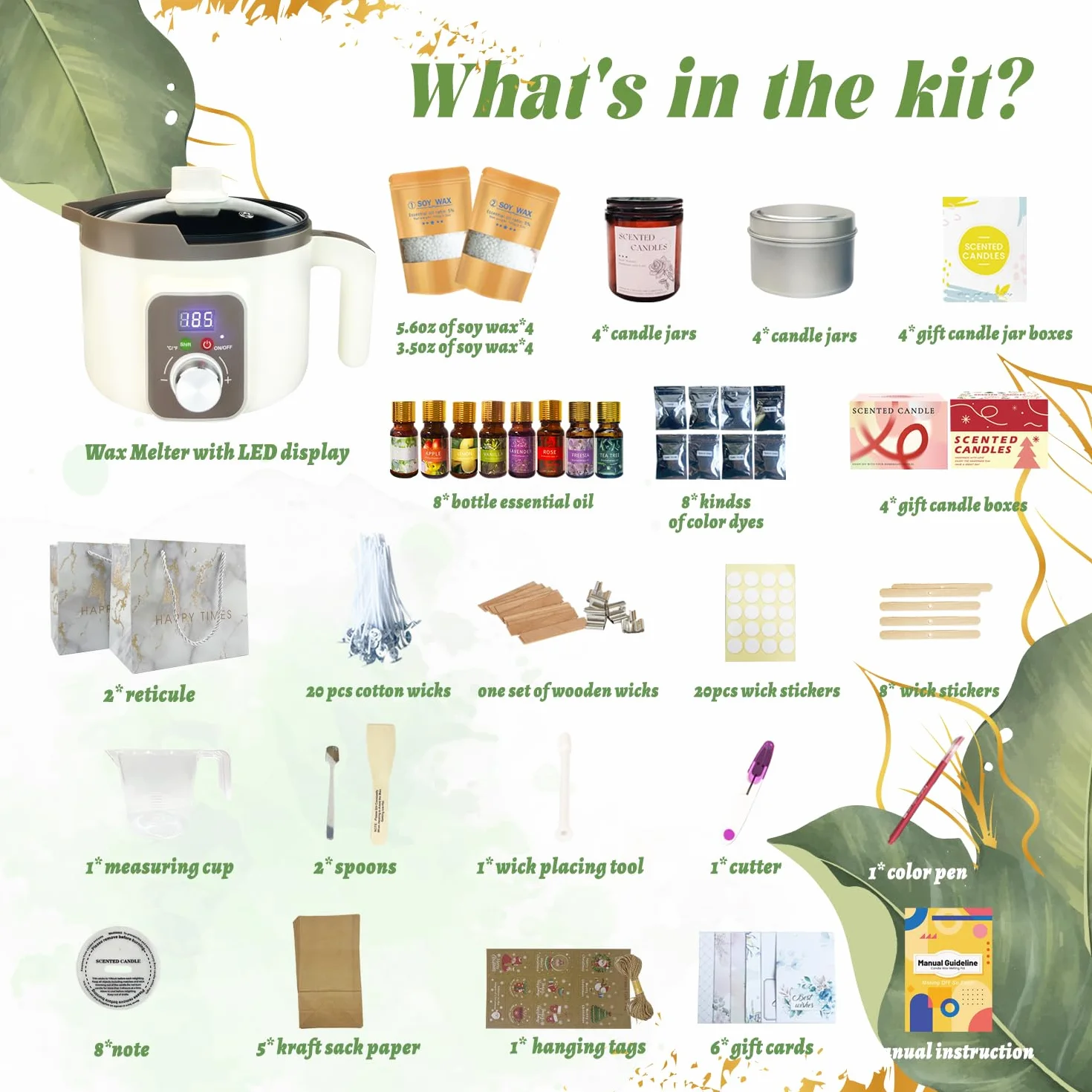 LINGQIAN Kit fabbricazione candele con fusore digitale di cera, cera di soia, 8 barattoli, 8 oli profumati
