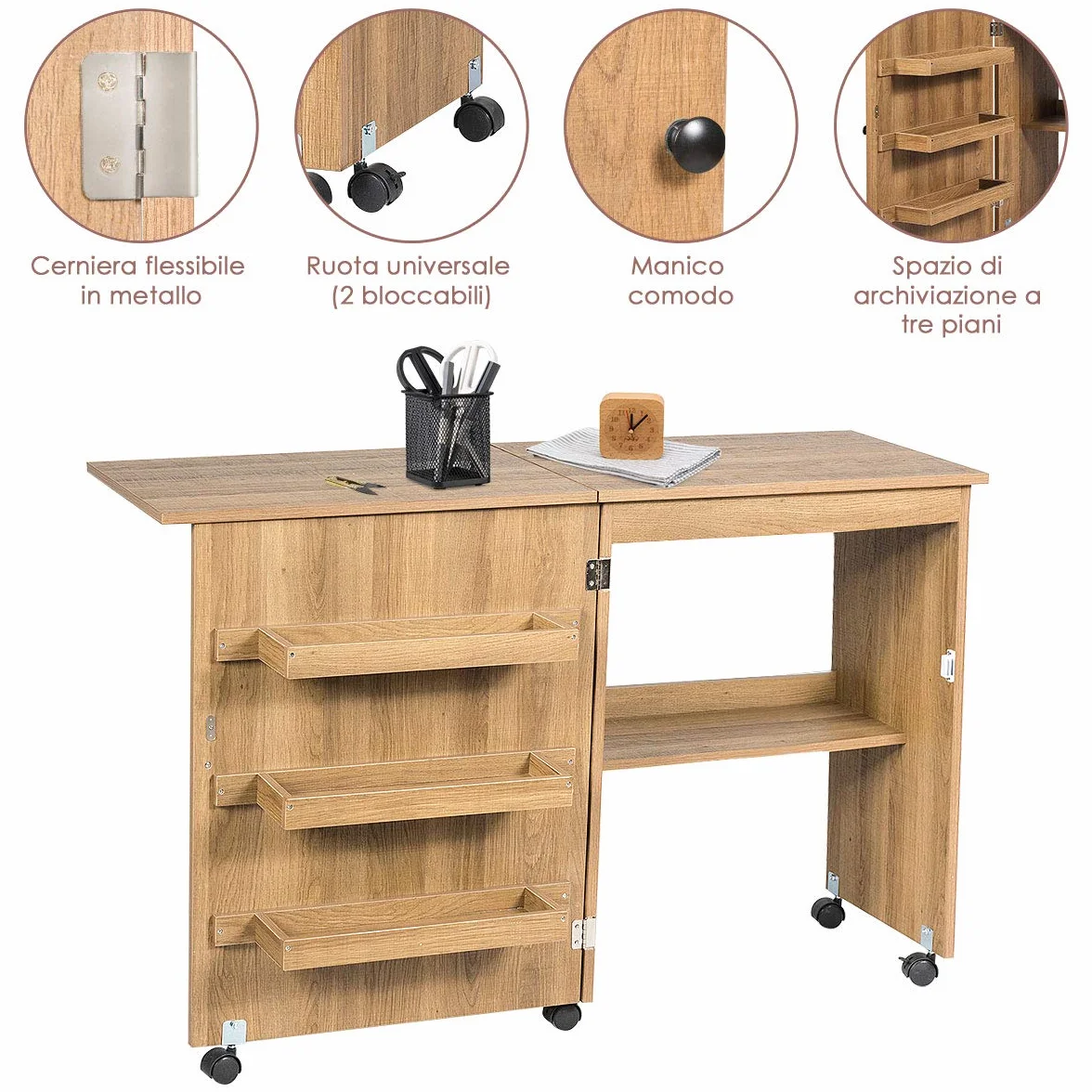 GOPLUS Mobiletto Cucito Pieghevole con Mensole e 5 Ruote Armadietto per Cucito Tavolo Allungabile per Macchina da Cucire 117x77x40 cm (Legno)
