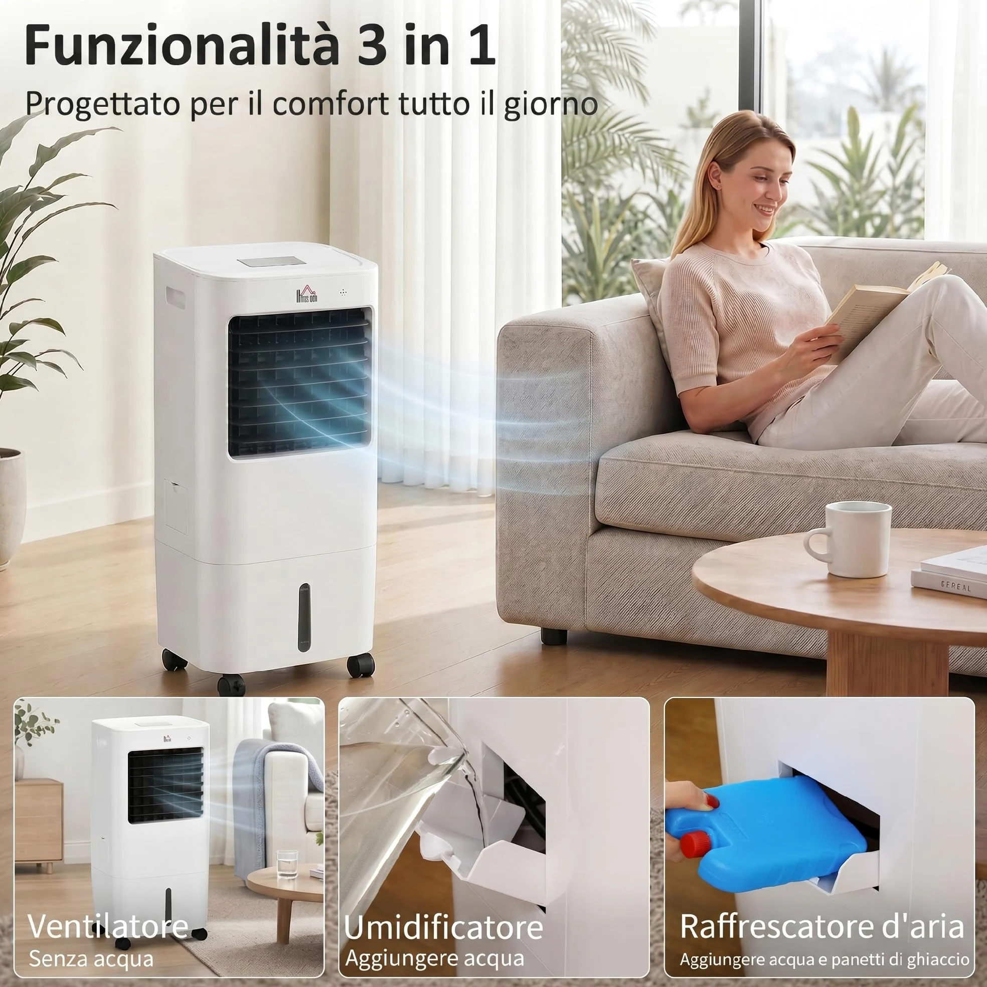 HOMCOM Condizionatore Portatile, Raffrescatore Evaporativo 3 in 1, Ventilatore con Ghiaccio e Deumidificatore, 3 Velocità, 9 Modalità e Telecomando, Raffrescatore da 65W in ABS, 32x37x74 cm, Bianco