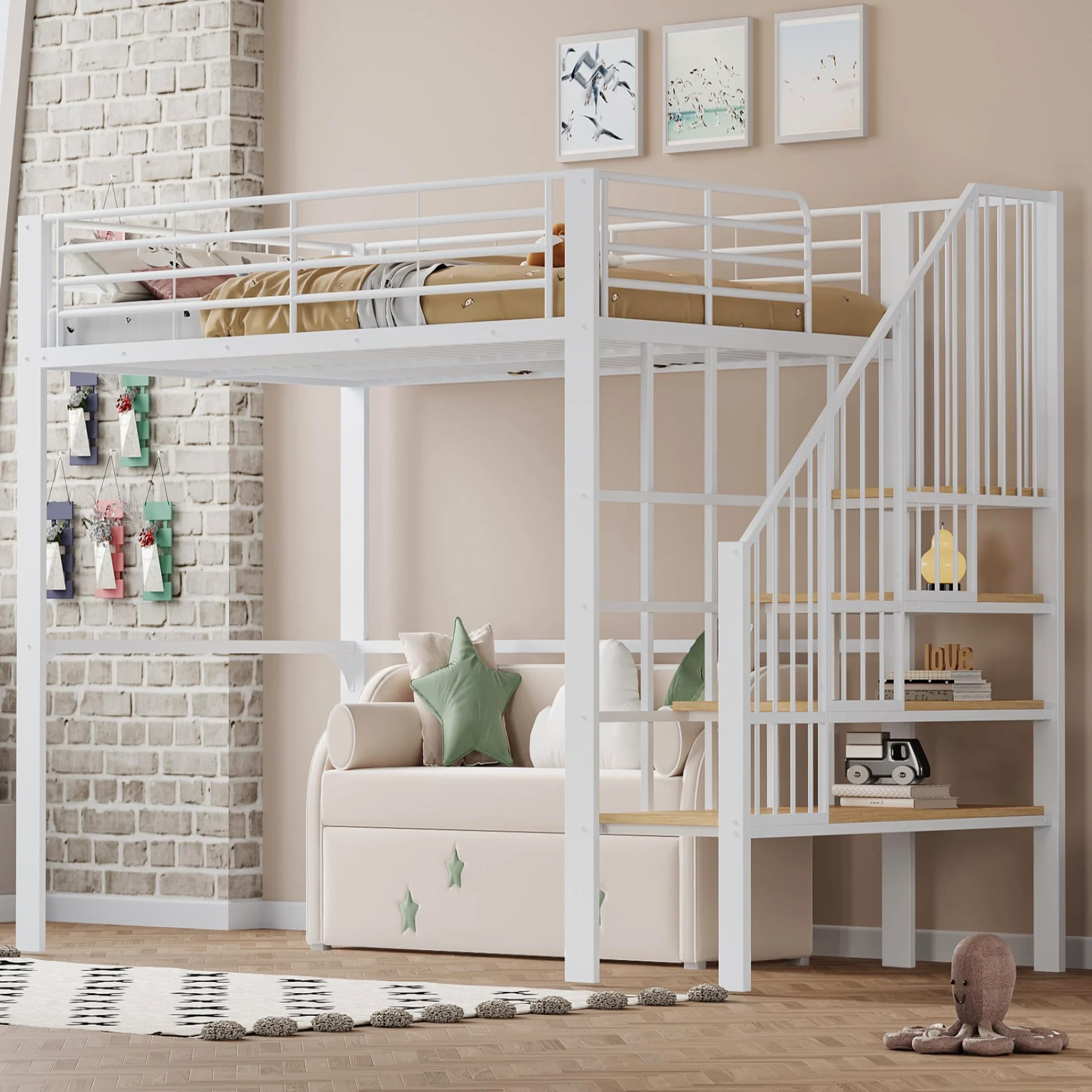 Letto a Soppalco 140x200 cm con Robusta Struttura in Metallo, Letto a Castello per bambini e e Adulti, Letto Multiuso con ampio spazio di stivaggio sotto il, Letto Bambini con Scala e Ringhiere