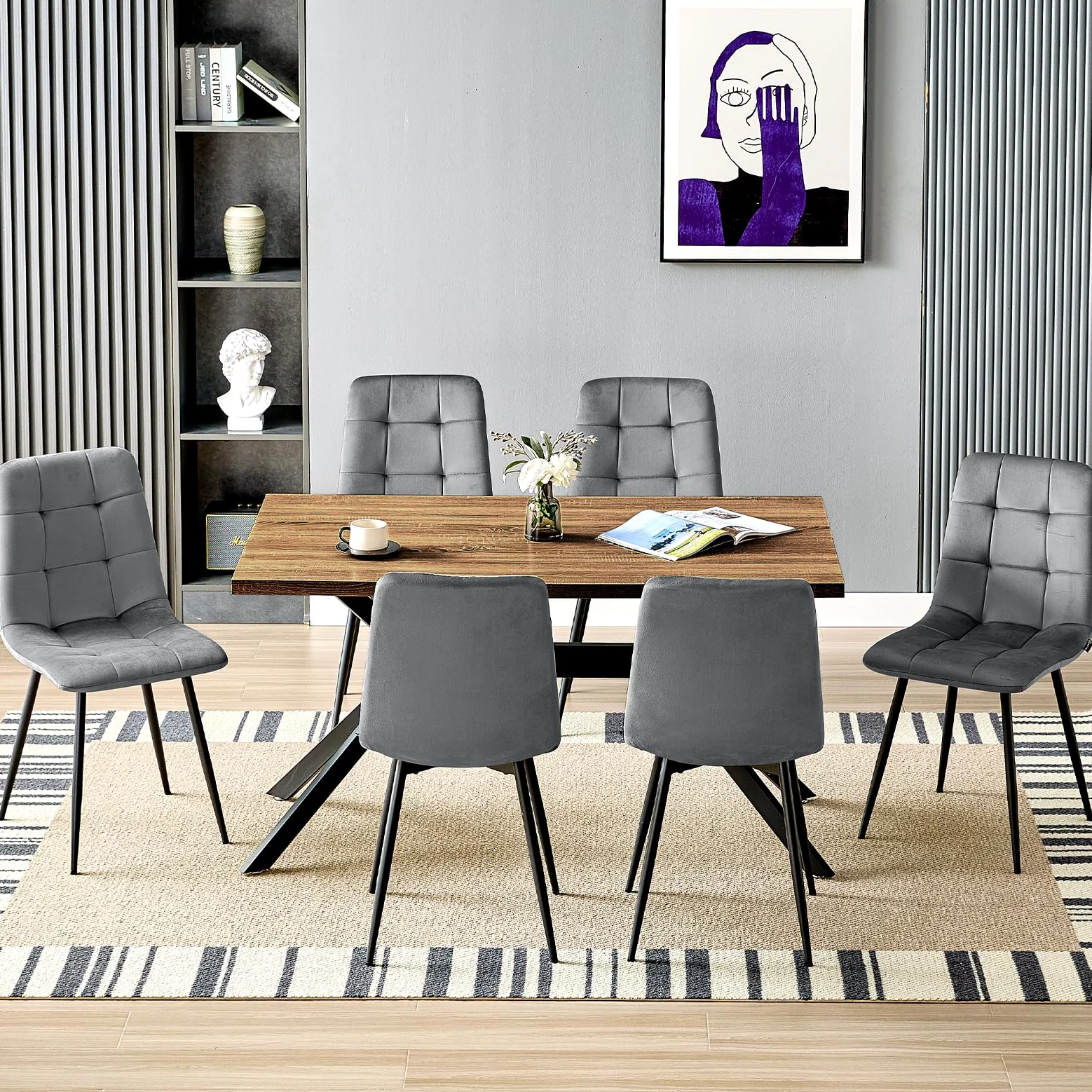 LEWE Set tavolo e sedie da pranzo,Tavolo da Cucina rettangolare in legno 140 x 80 x 76 cm，con 6 Sedie imbottite in Velluto per Cucine per Cucina, Soggiorno, Sala da Pranzo(Legno Scuro+Grigio scuro)