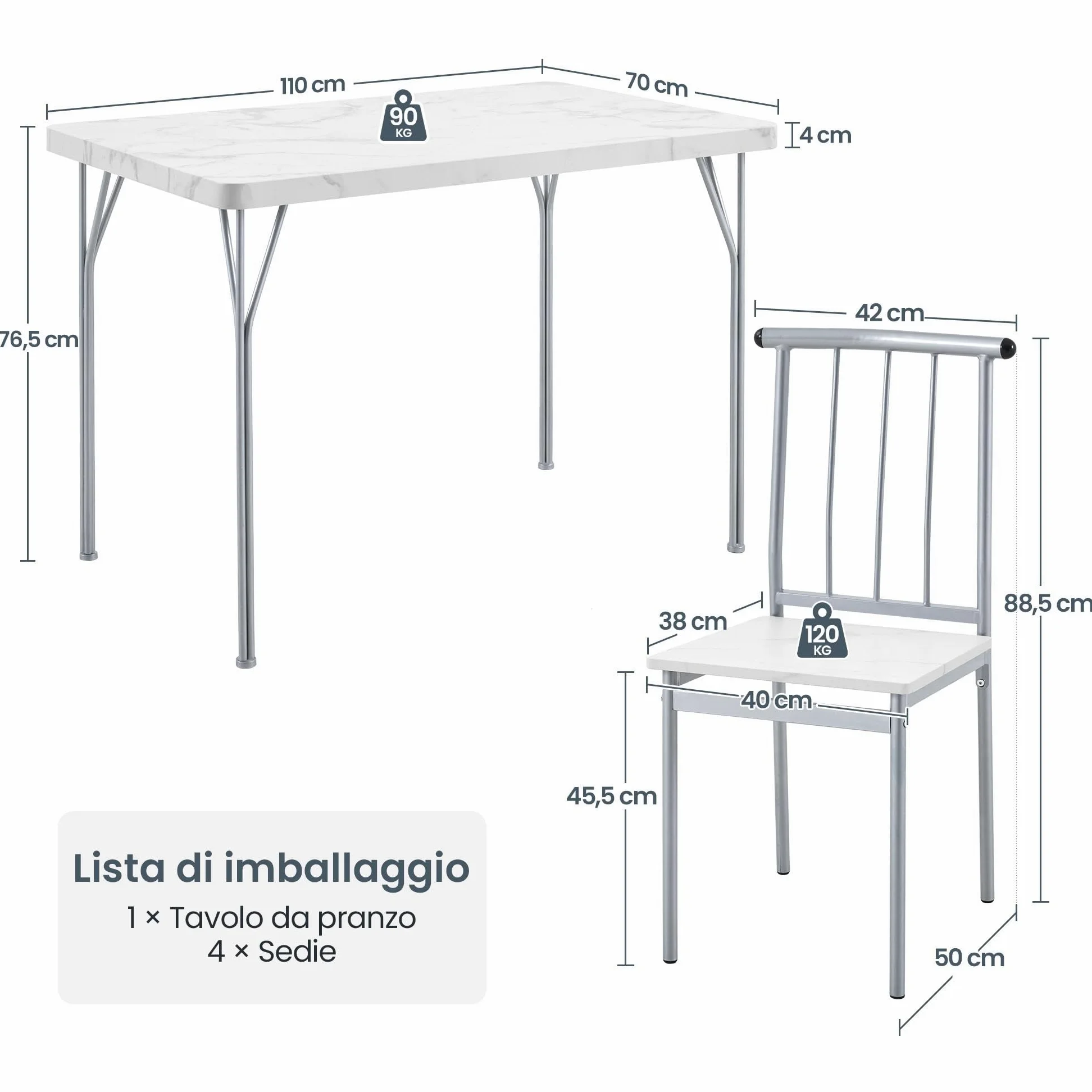 Tavolo da Pranzo con 4 Sedie, Set 5 Pezzi in MDF e Metallo per Sala da Pranzo, Cucina, Bar e Soggiorno per 4 Persone Bianco