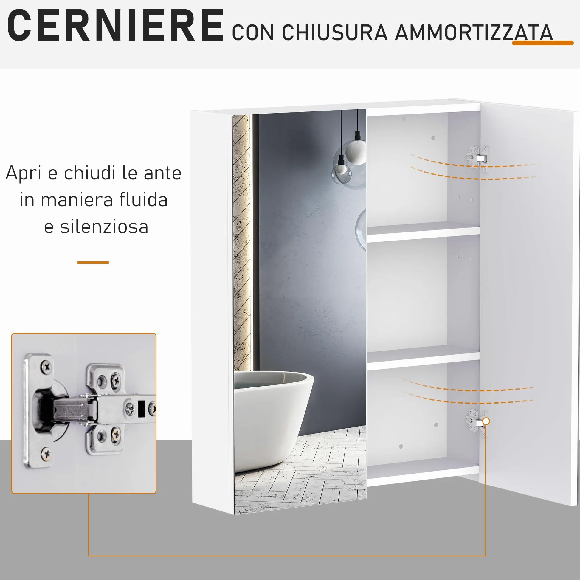 HOMCOM Armadietto Pensile da Bagno Due Ante con Specchiera e 2 Ripiani Interni, Mobiletto Bagno con Specchio e Soft Close in MDF, 60x15x75 cm, Bianco