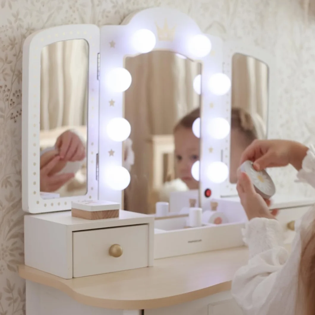 mamabrum Tavolo da Toeletta per Bambini XXL in Legno con Sgabello & Specchio LED – Coiffeuse con Cassetto e Accessori – Scrivania 2-in-1 per Bambine dai 3 Anni
