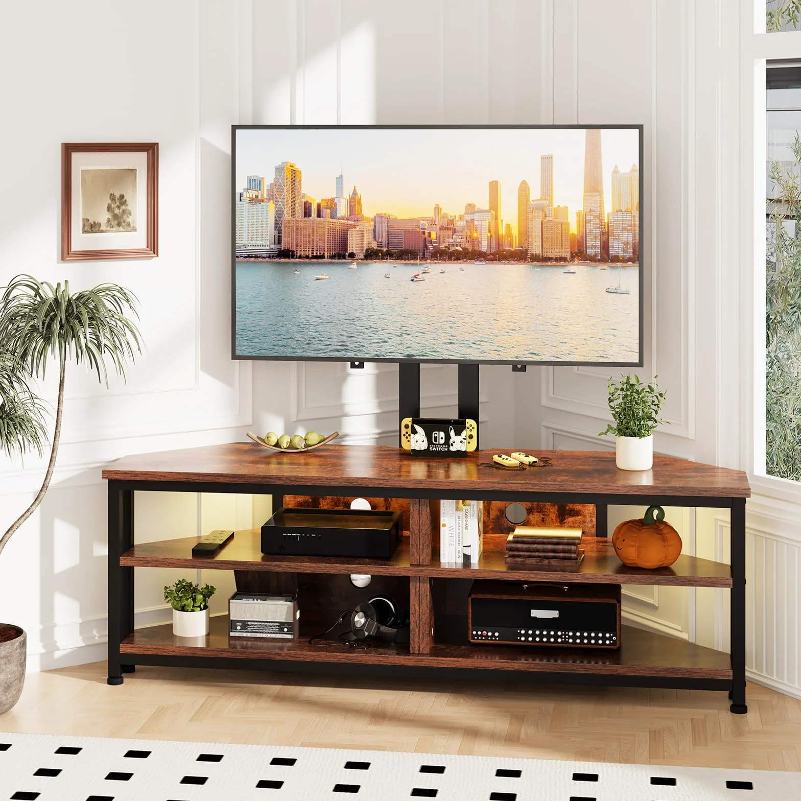 Dripex Mobile ad angolo per TV, con supporto e illuminazione a LED, mobile angolare (120 cm con supporto)
