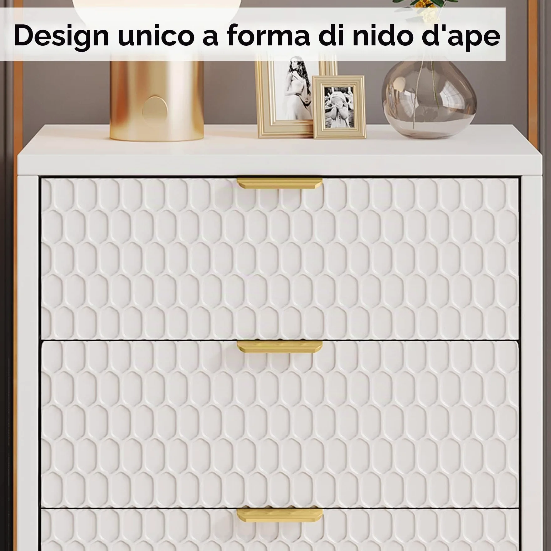 Tribesigns Comodino moderno, alto 65,5 cm, con 3 cassetti, tavolino moderno con spazio per camera da letto, soggiorno, bianco e oro