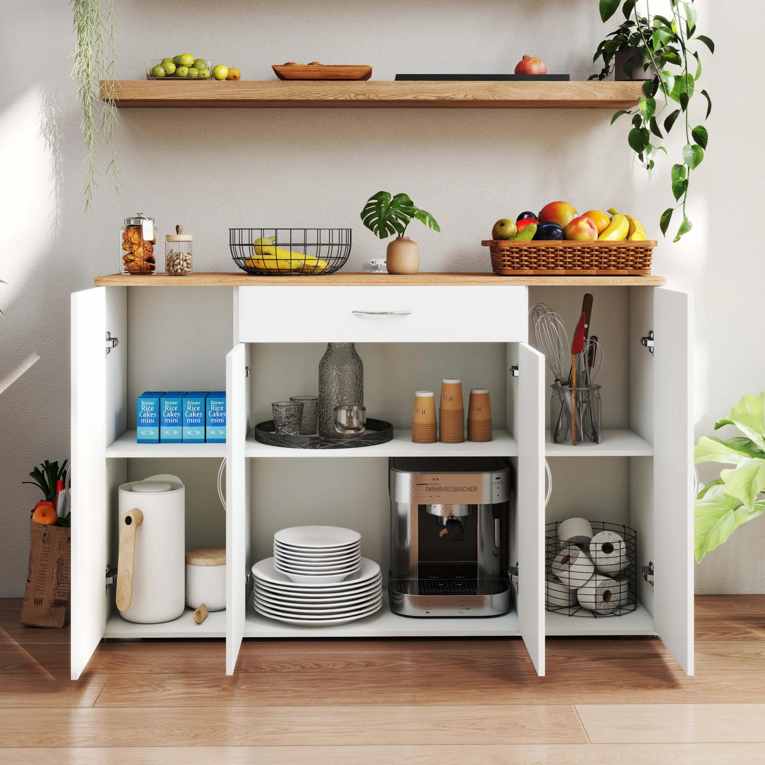 Credenza Cucina Bianca con Piano di Lavoro 110 x 30 x 70 cm Mobile Cucina Salvaspazio con Cassetto e 4 Ante Dispensa Cucina Madia Soggiorno Sala da Pranzo Moderna