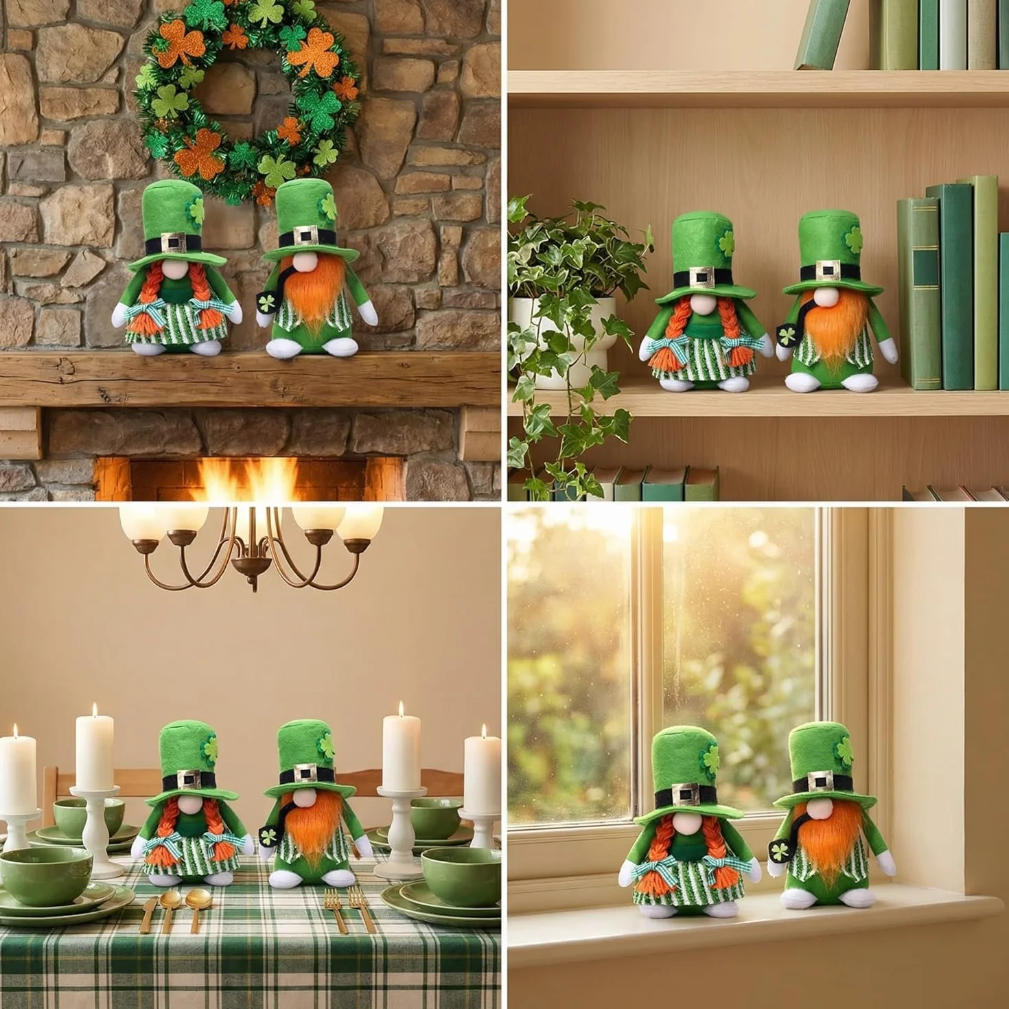Generico Gnomo di peluche San & San Patrizio, cappello a quadrifoglio, vestiti verdi con paillettes. Decorazione festa, casa, scrivania e tavola. (A)