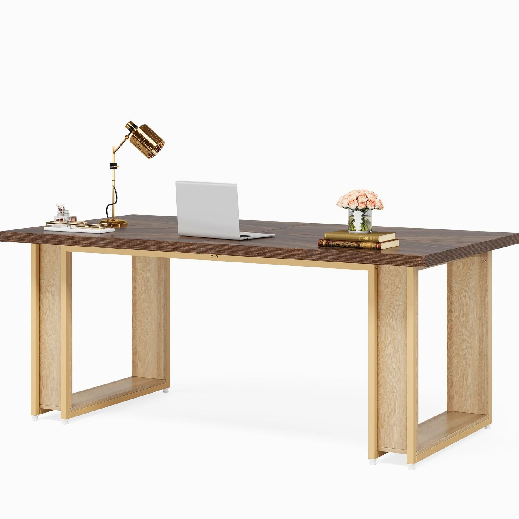 Tribesigns Scrivania da 160 cm, per ufficio, in legno, semplice tavolo da ufficio, grande scrivania rustica, marrone, spazio di lavoro aziendale, con telaio in metallo stabile
