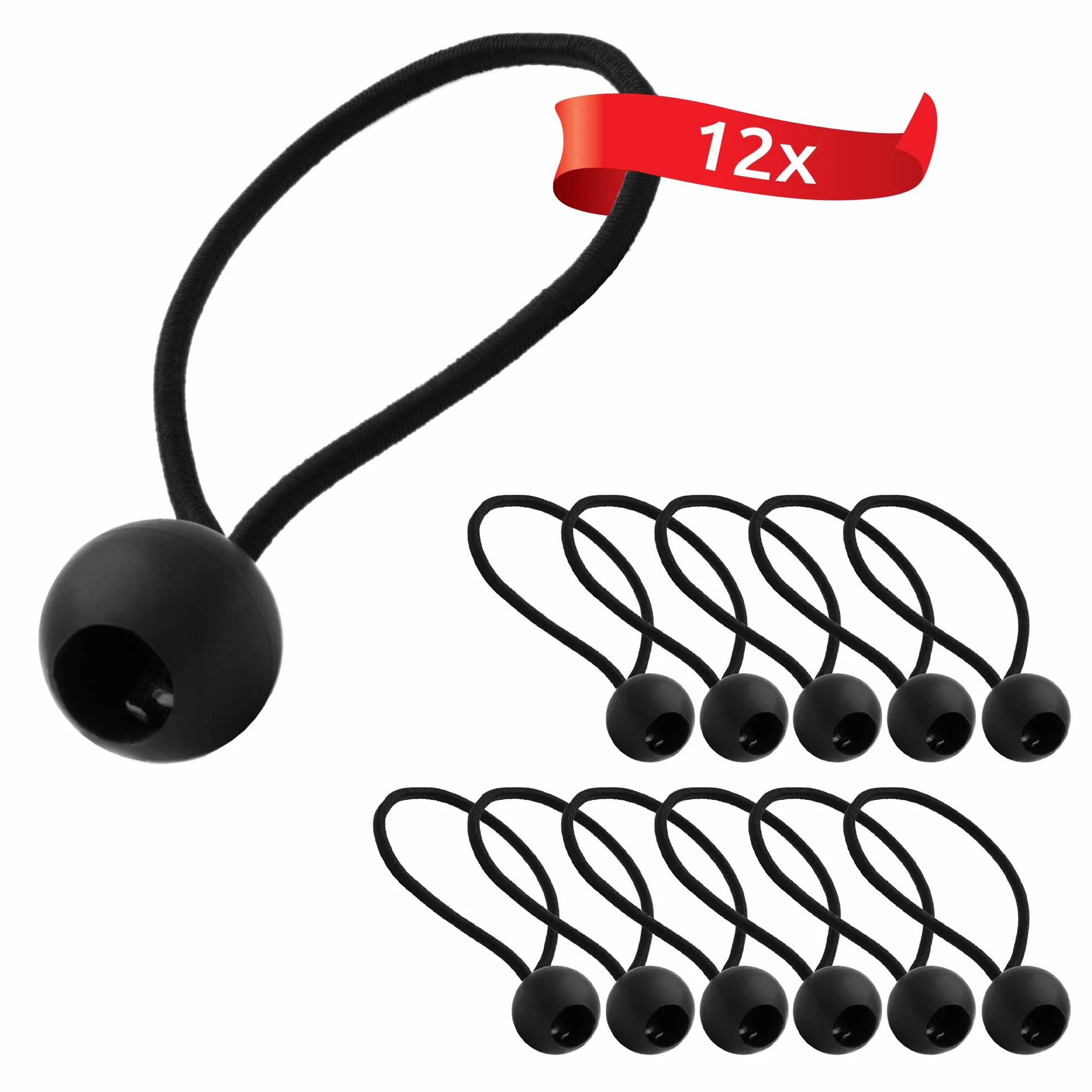 ECENCE 12 Corde elastiche con sfera, Set di elastici tenditori per teloni, anelli espansori con gancio a sfera in plastica, elastici di fissaggio per tende e coperture, Nero