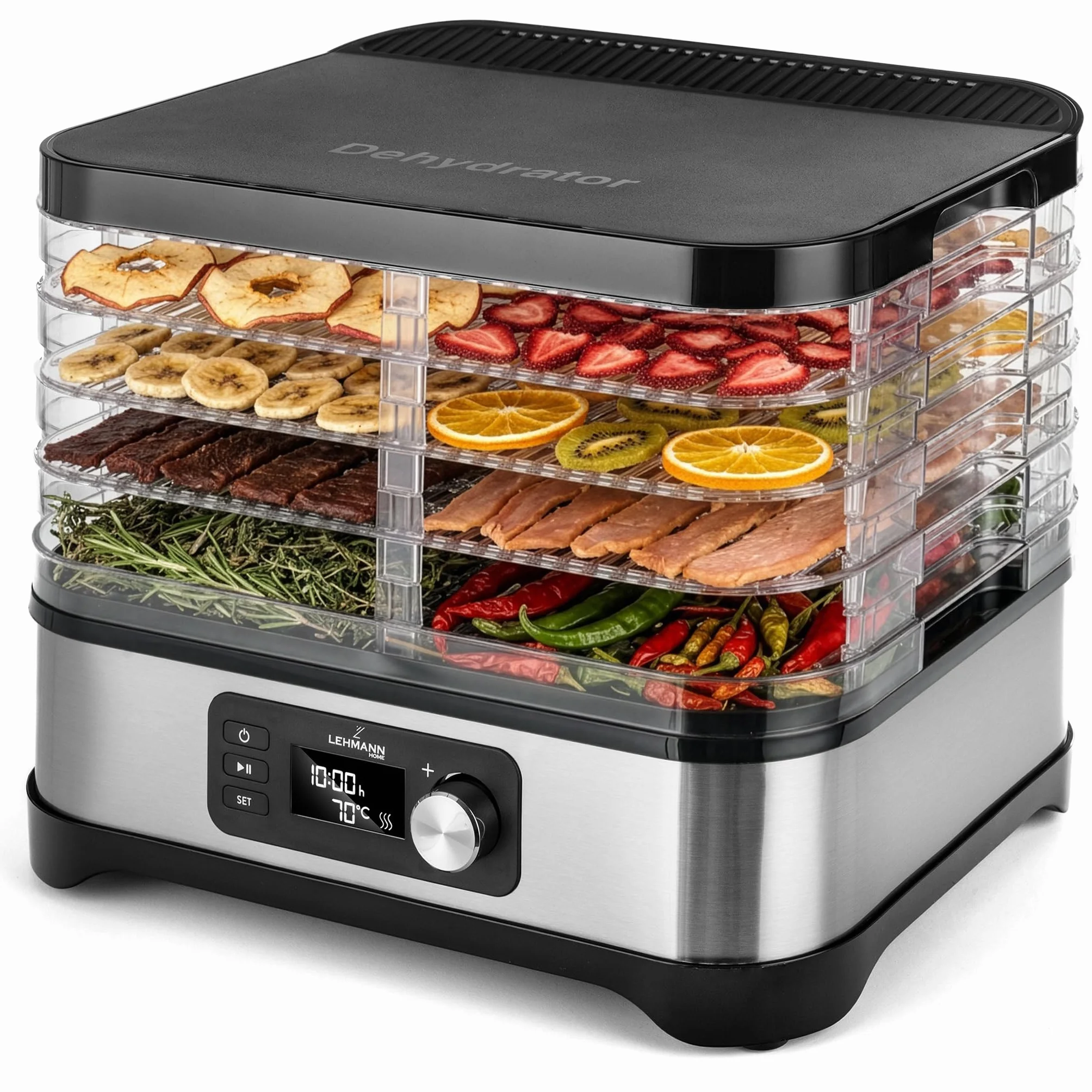 LEHMANN Essiccatore Alimentare, 5 Vassoi Regolabili in Altezza, Regolazione Temperatura 35-70°C, Timer 24h, BPA Free, Acciaio Inox, Essiccatore per Alimenti, Funghi, Frutta, Carne e Verdura