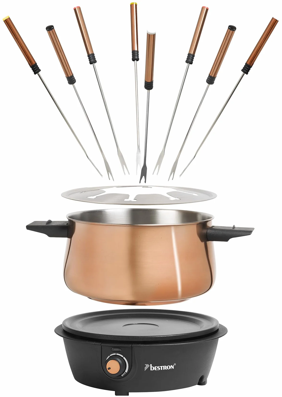 Bestron Set per fonduta elettrico, macchina per fonduta 8 persone, 8 forchette, termostato continuo, rame