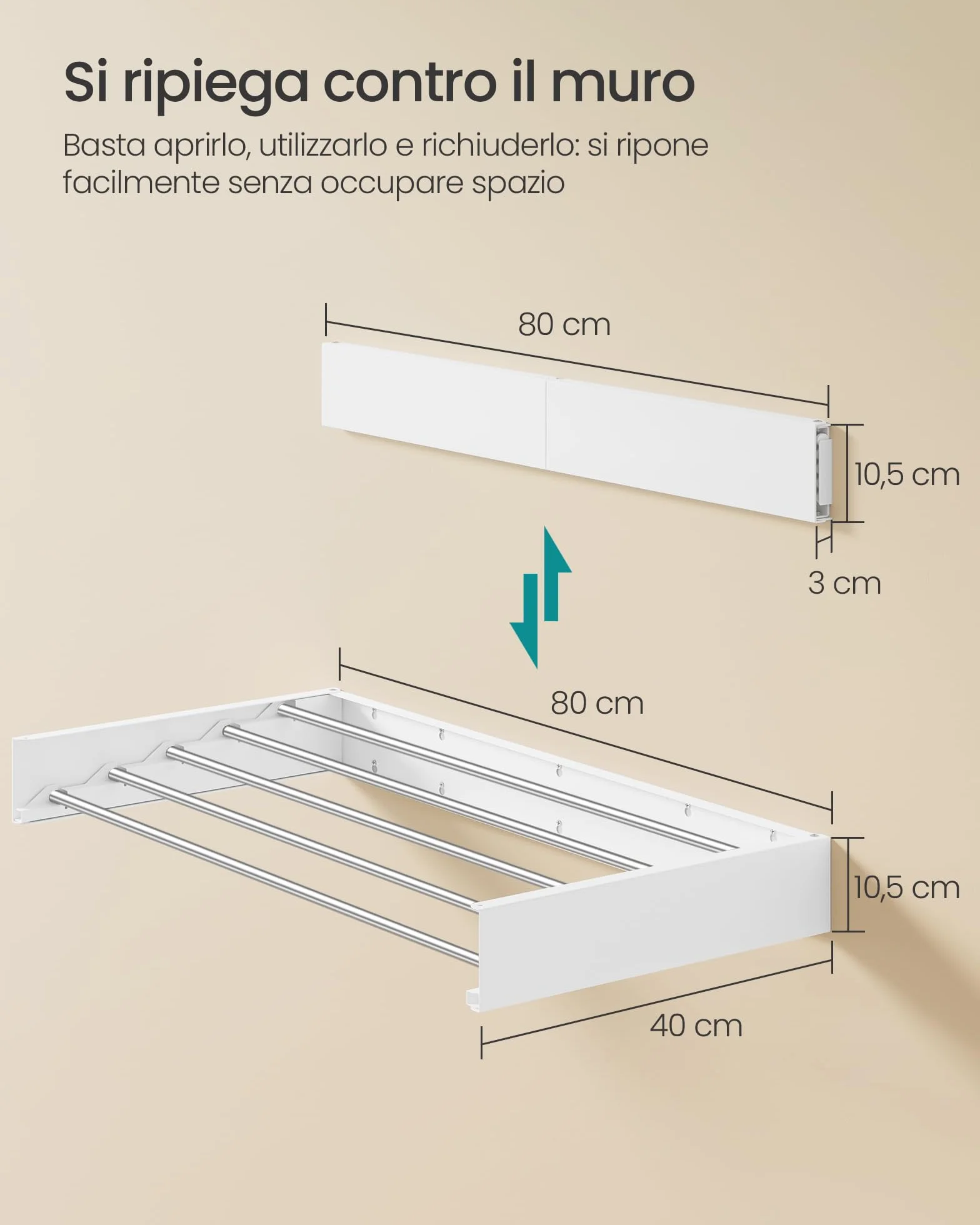 SONGMICS Stendibiancheria da Parete Pieghevole 5 Barre Alluminio 80 cm Bianco Opaco