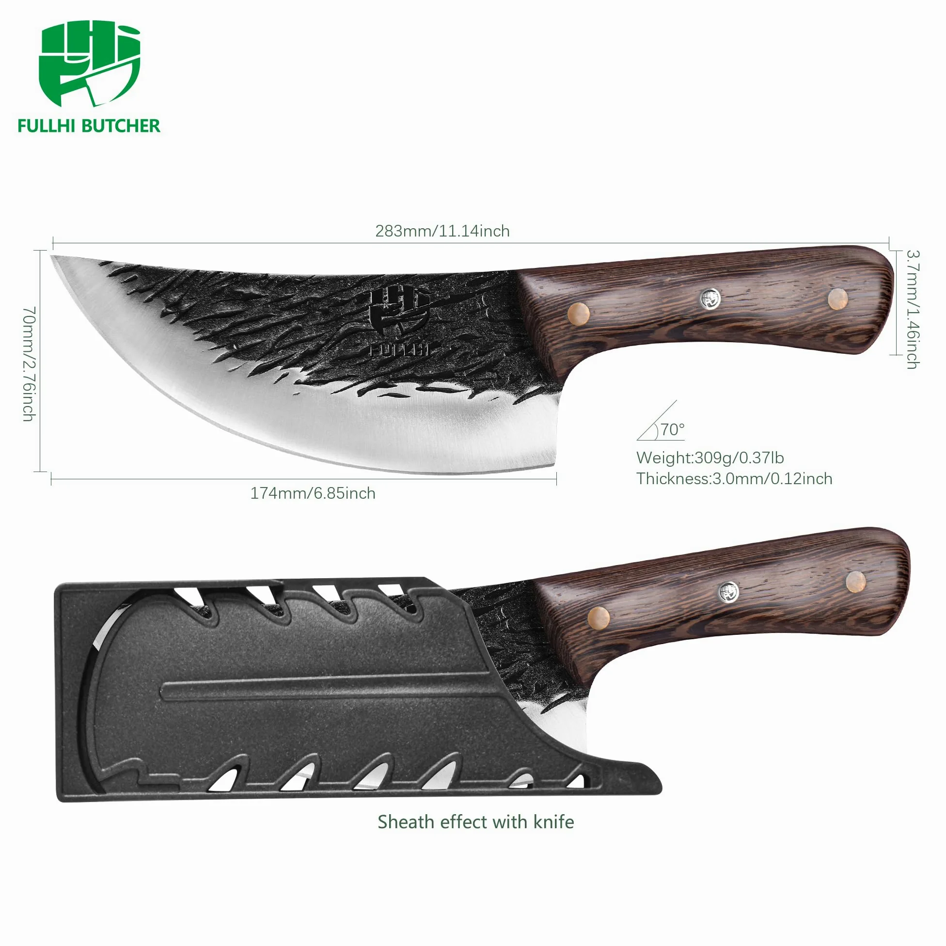 FULLHI Manico in legno Mannaia per carne pesante con fodero 2 pezzi, affettatrice in acciaio ad alto tenore di carbonio per la casa, il campeggio e il barbecue (Marrone, 17cm)