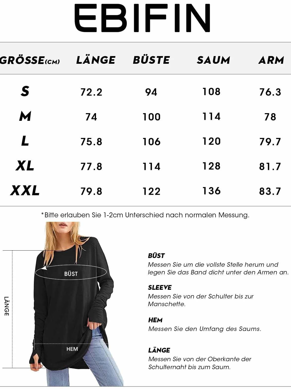Ebifin Maglietta a maniche lunghe da donna, scollo rotondo, a maniche lunghe, maglietta basic a tunica.