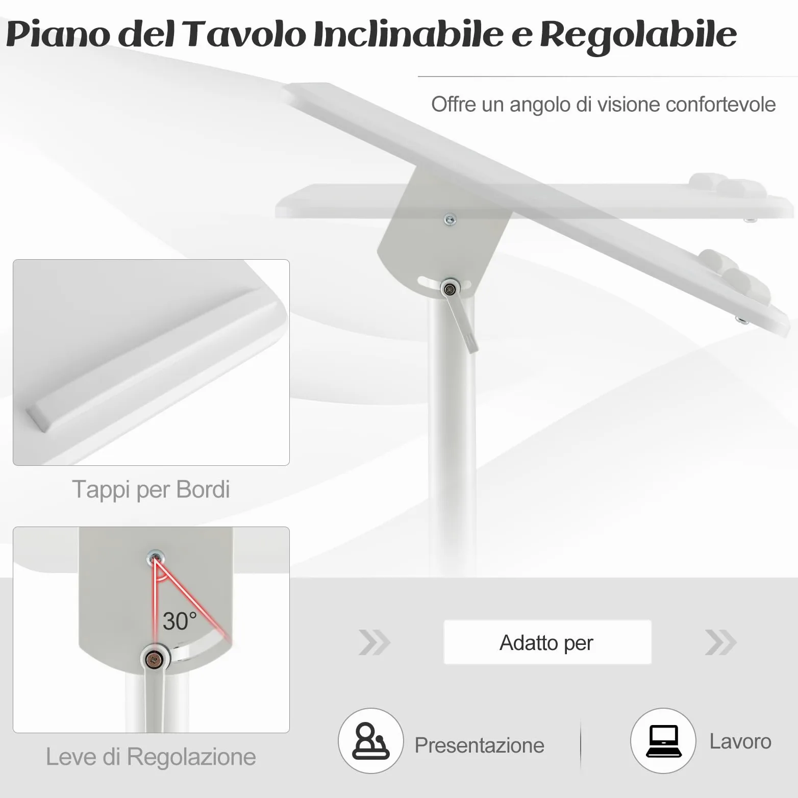 COSTWAY Podio per Conferenze, Pulpito Portatile per Laptop con Piano Inclinabile e Regolabile in Altezza, Vassoio Portaoggetti, Portabicchieri e Ruote Bloccabili (Bianco)