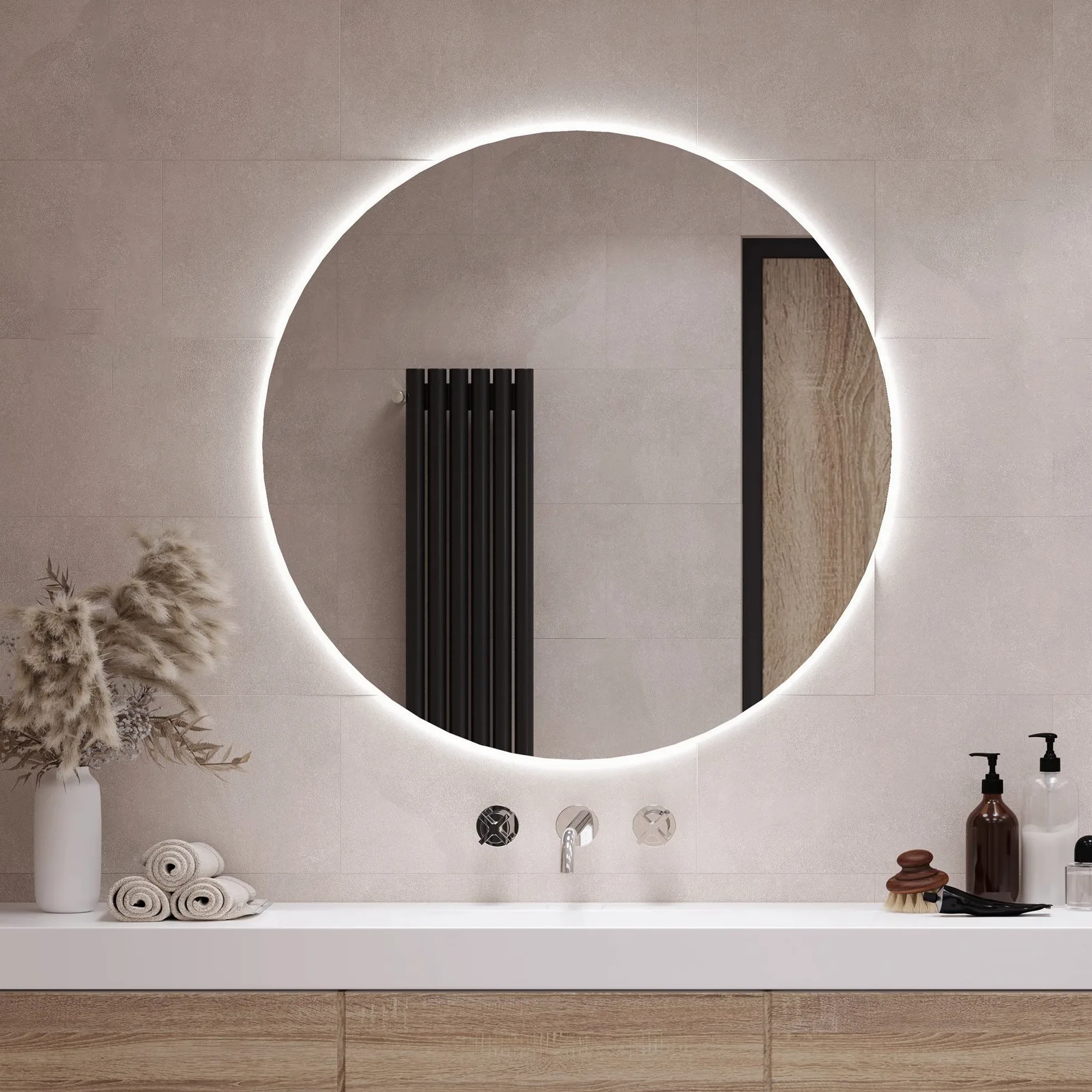 Tulup Specchio Ø 100 cm Rotondo al Bagno Vetro Temperato da Parete Salone Camera da Letto – Luce Freddo LED