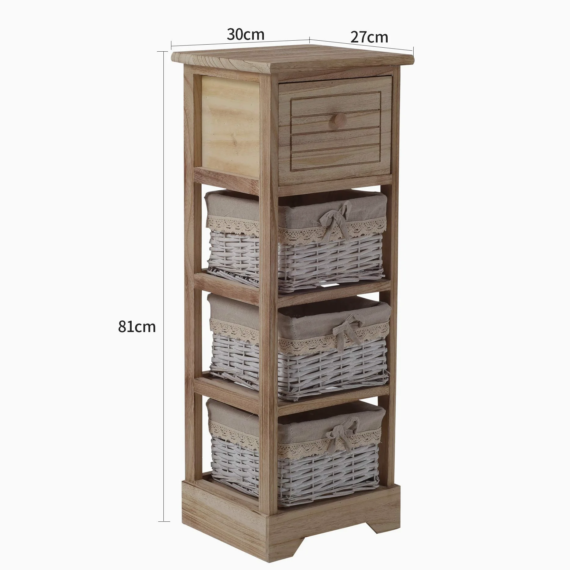 Rebecca Mobili Cassettiera Mobiletto Bagno 1 Cassetto 3 Ceste Legno Vimini Marrone Chiaro Country Bagno Cucina Arredamento Casa - 81 x 30 x 27 cm (H x L x P) - Art. RE6106