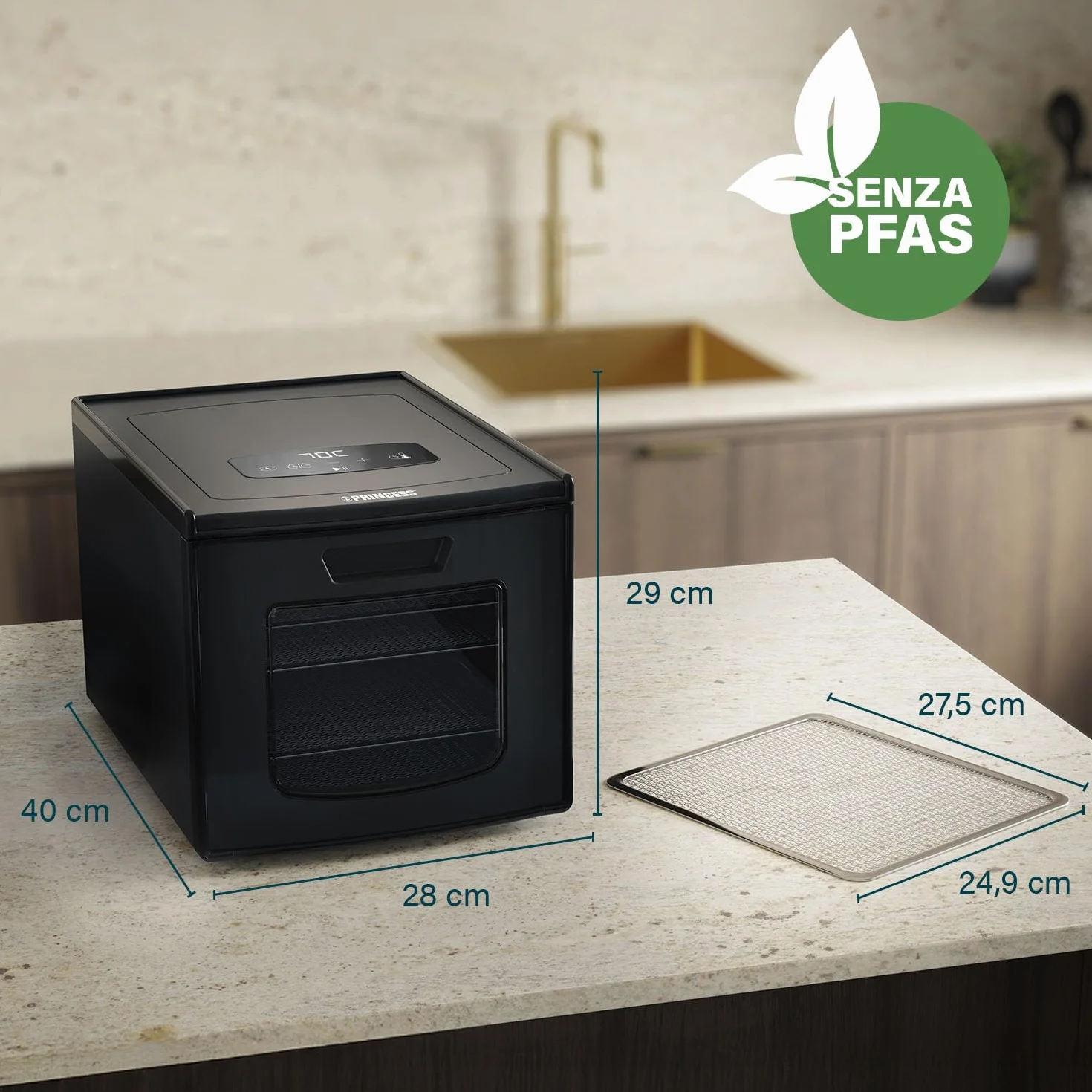 Princess Food Dehydrator con 6 Vassoi in Acciaio Inox, Temperatura Regolabile, Display Touch, Timer fino a 48 Ore, 550 W, 01.112398.01.001