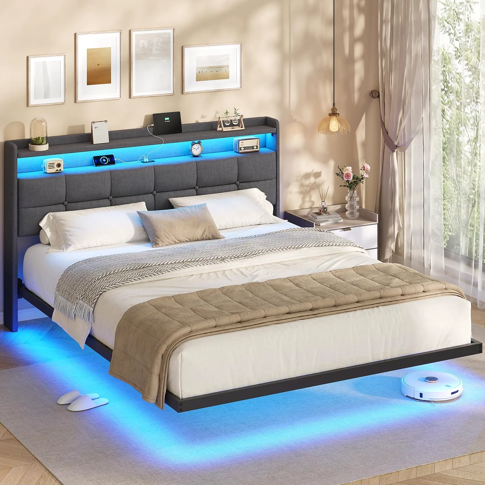 AOGLLATI Letto Matrimoniale 160x200 cm con Effetto Visivo Levitante, Struttura Letto con LED e Stazione di Ricarica, Letto con Testiera Imbottita e Struttura in Metallo, Senza Materasso, Grigio Scuro