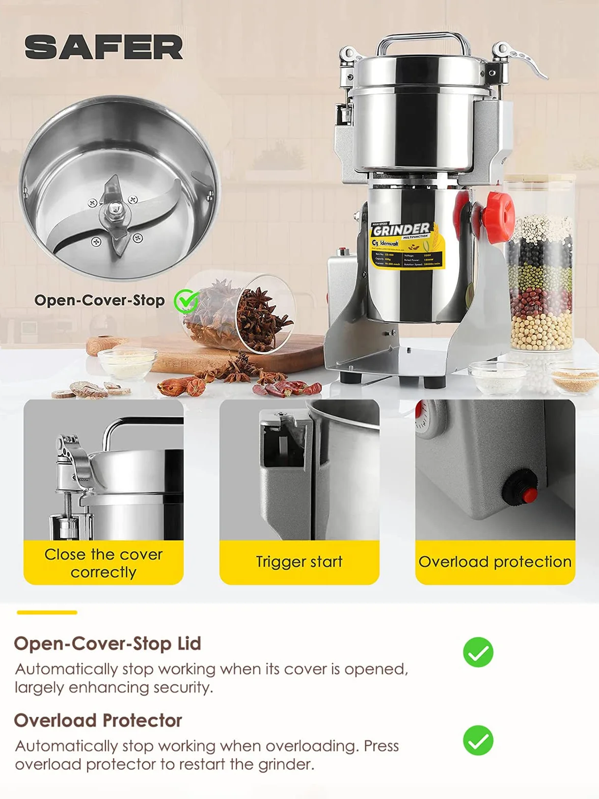 300-2500g Mulino per Cereali CGOLDENWALL Upgraded Open-Cover- Stop Unique Safety Design Grinder Elettrico per Materiale Secco Come Erbe/Cereali/Spezie High Speed Grinding(300g)