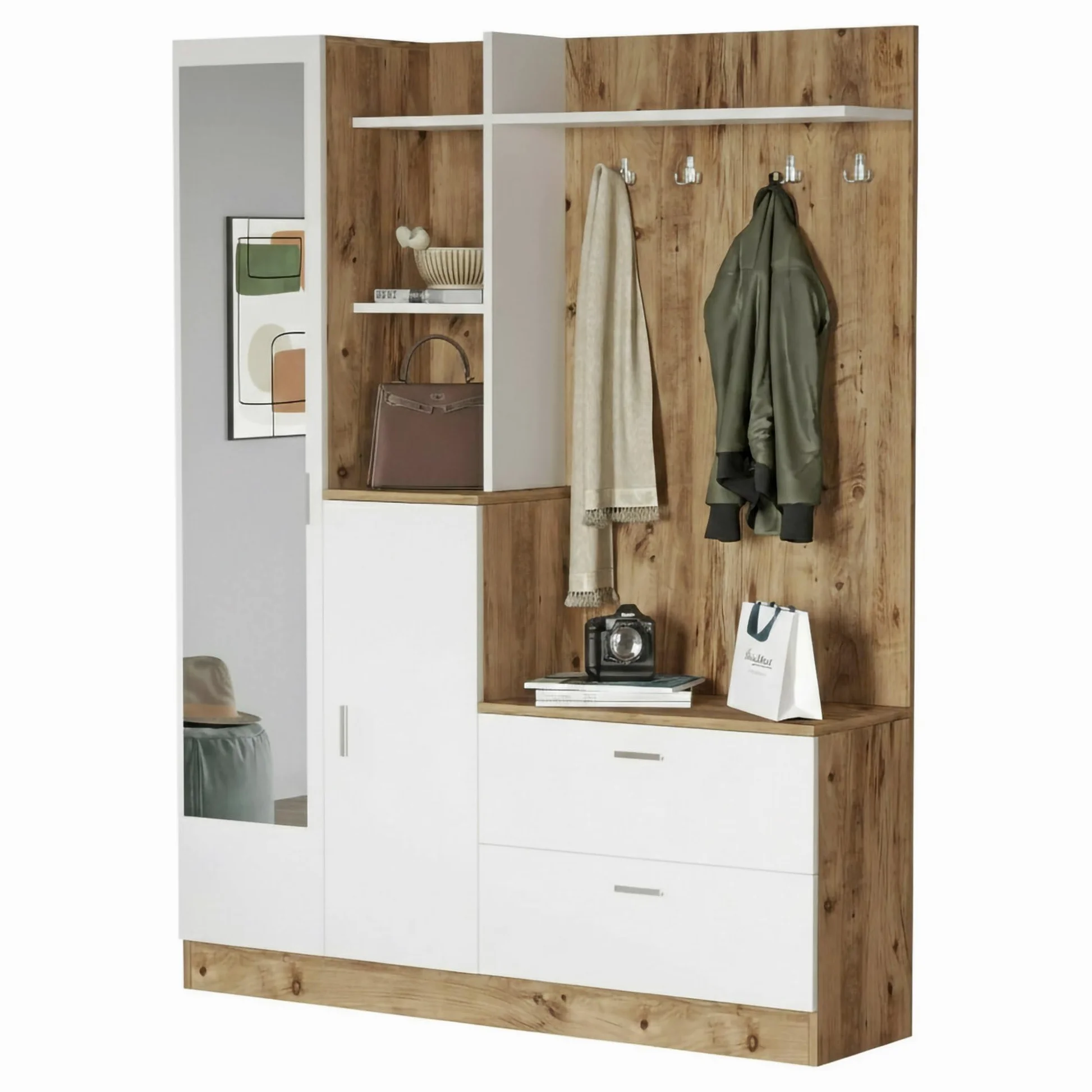 Dmora Mobile da Ingresso Homam, Entratina Appendiabiti, Composizione per atrio, Consolle portaoggetti Multifunzione, 140x37h182 cm, Quercia e Bianco