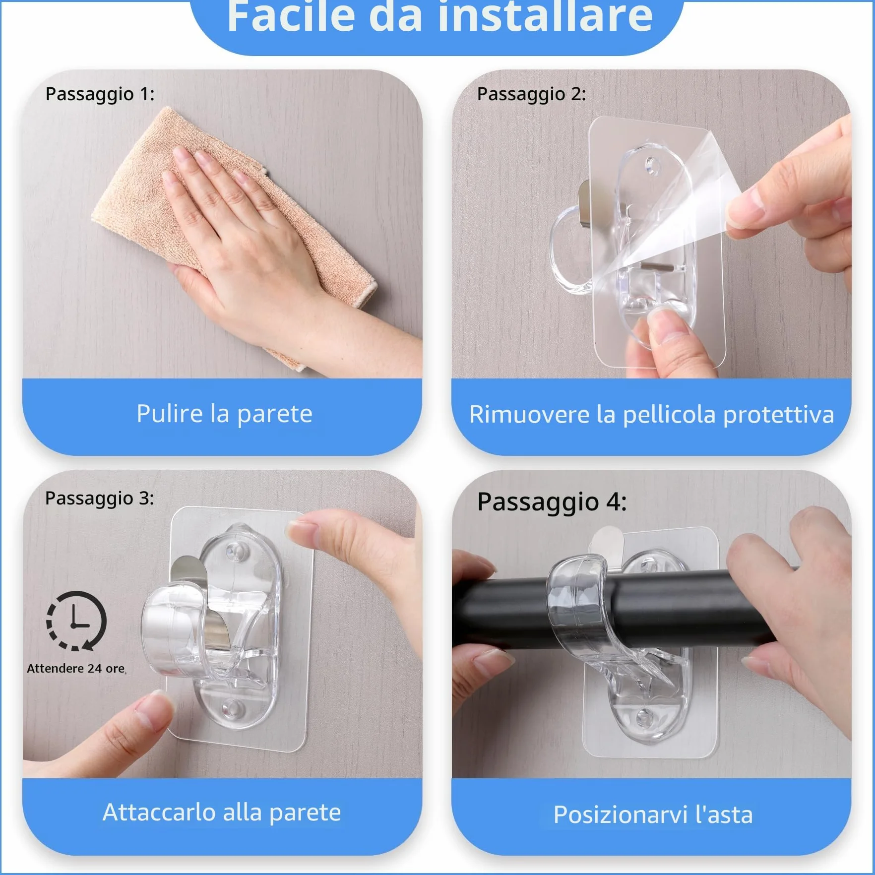 Ganci per Tende Senza Bucare, Ganci Adesivi per Tende con Viti, Staffa per Barre per Tende Trasparente 4 Pezzi