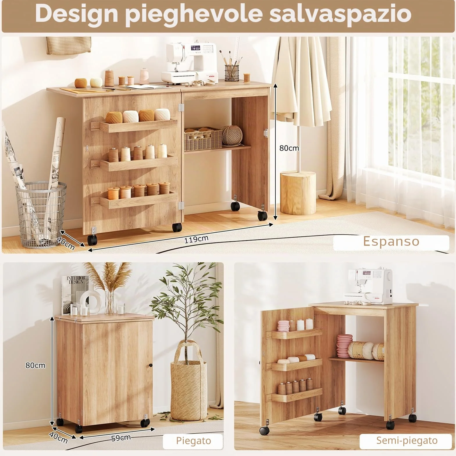 GIANTEX Tavolo da Cucito Pieghevole con Ruote, Mobile per Macchina da Cucire con 4 Ripiani Aperti e Ampio Piano di Lavoro, Ideale per Soggiorno, Camera da Letto e Sala Hobby (Naturale)