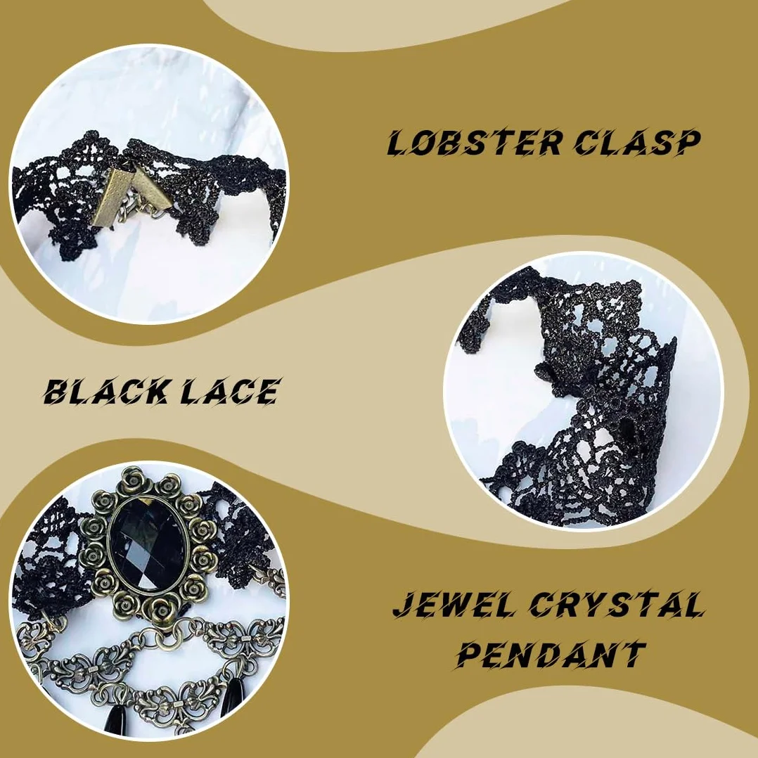 Collana Girocollo Gotica in Pizzo Set da 2 Pezzi Nero con Strass Ciondolo a Goccia