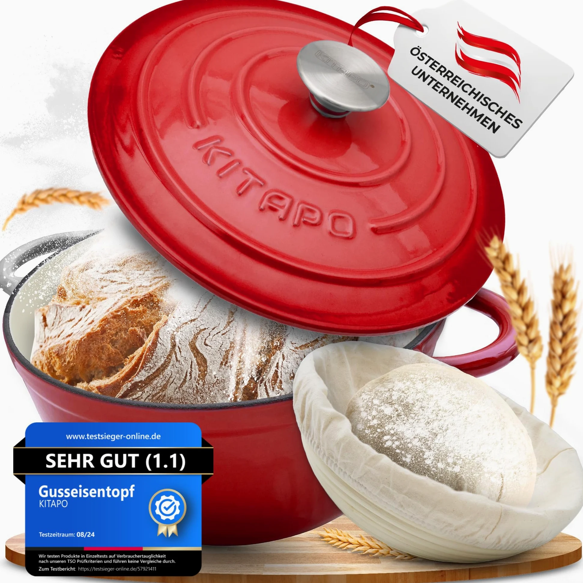 Pentola in ghisa [incl. cestino per la lievitazione + panno per impasto] – Pentola smaltata di alta qualità 24 cm – ideale per cuocere il pane in ghisa – pentola per pane in ghisa – accessorio