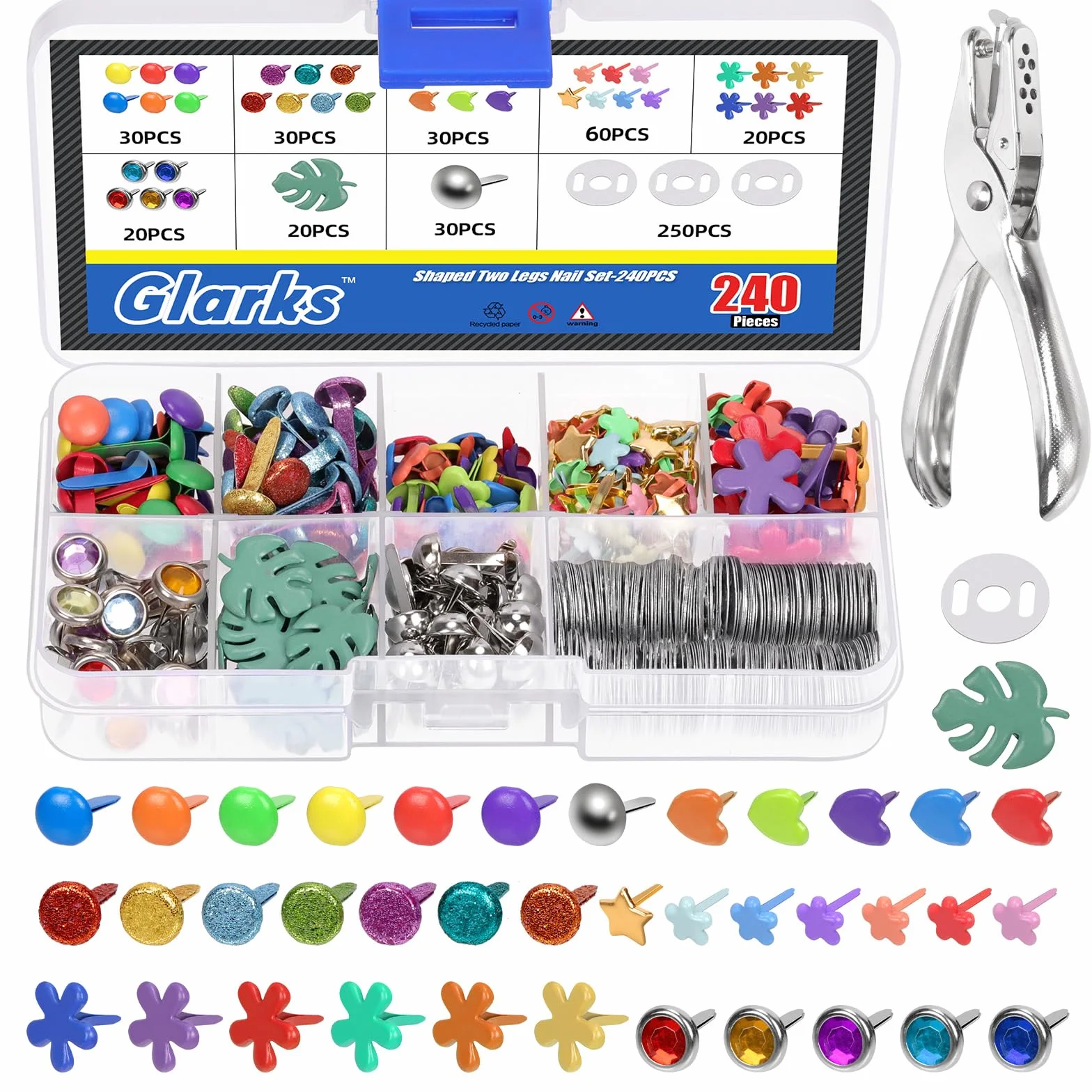 Glarks Set 491 fermacampioni carta metallo multicolore con perforatore per scrapbooking fai da te