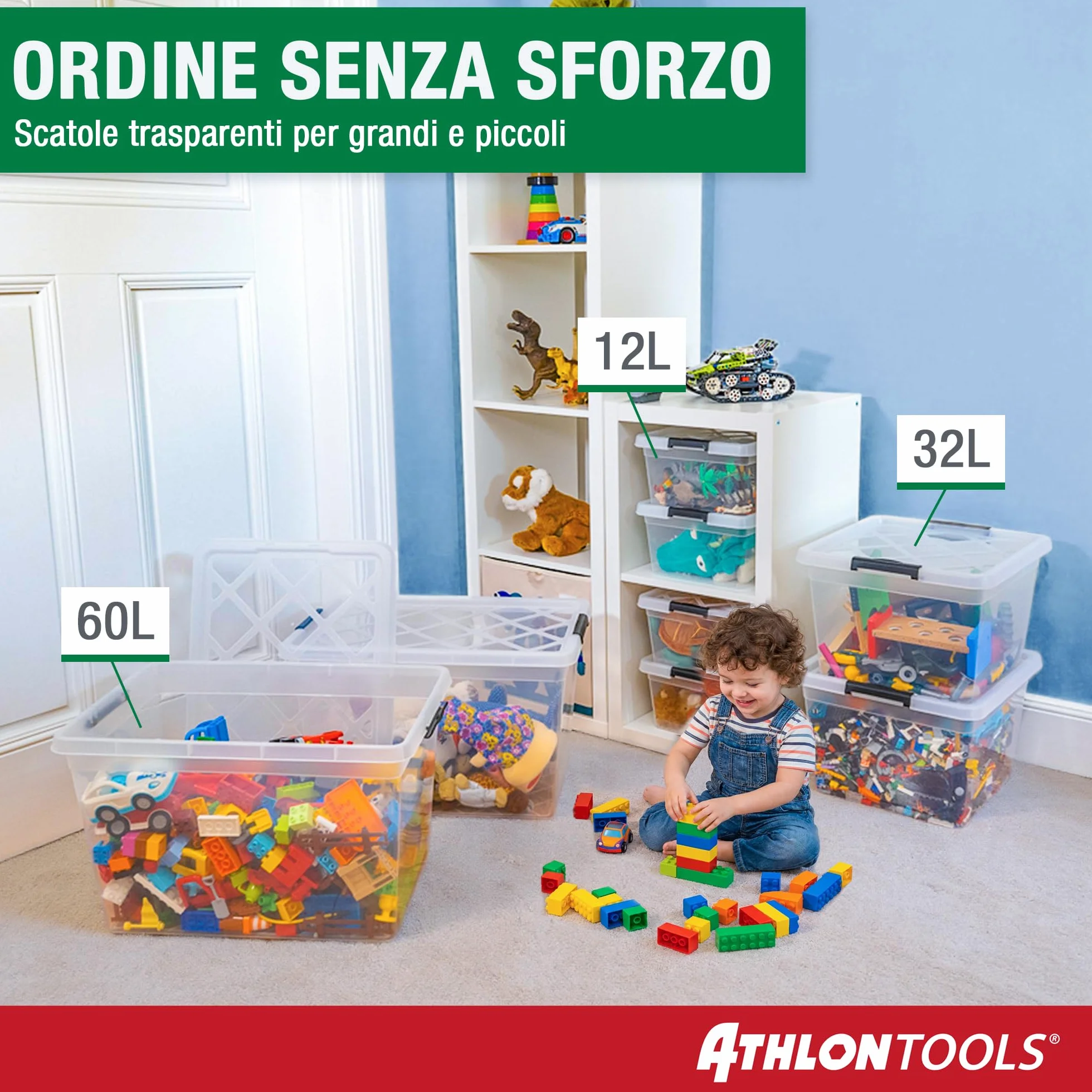 ATHLON TOOLS 4x 12,5L Scatole Plastica Trasparente con Coperchio Contenitori Impilabili per Alimenti