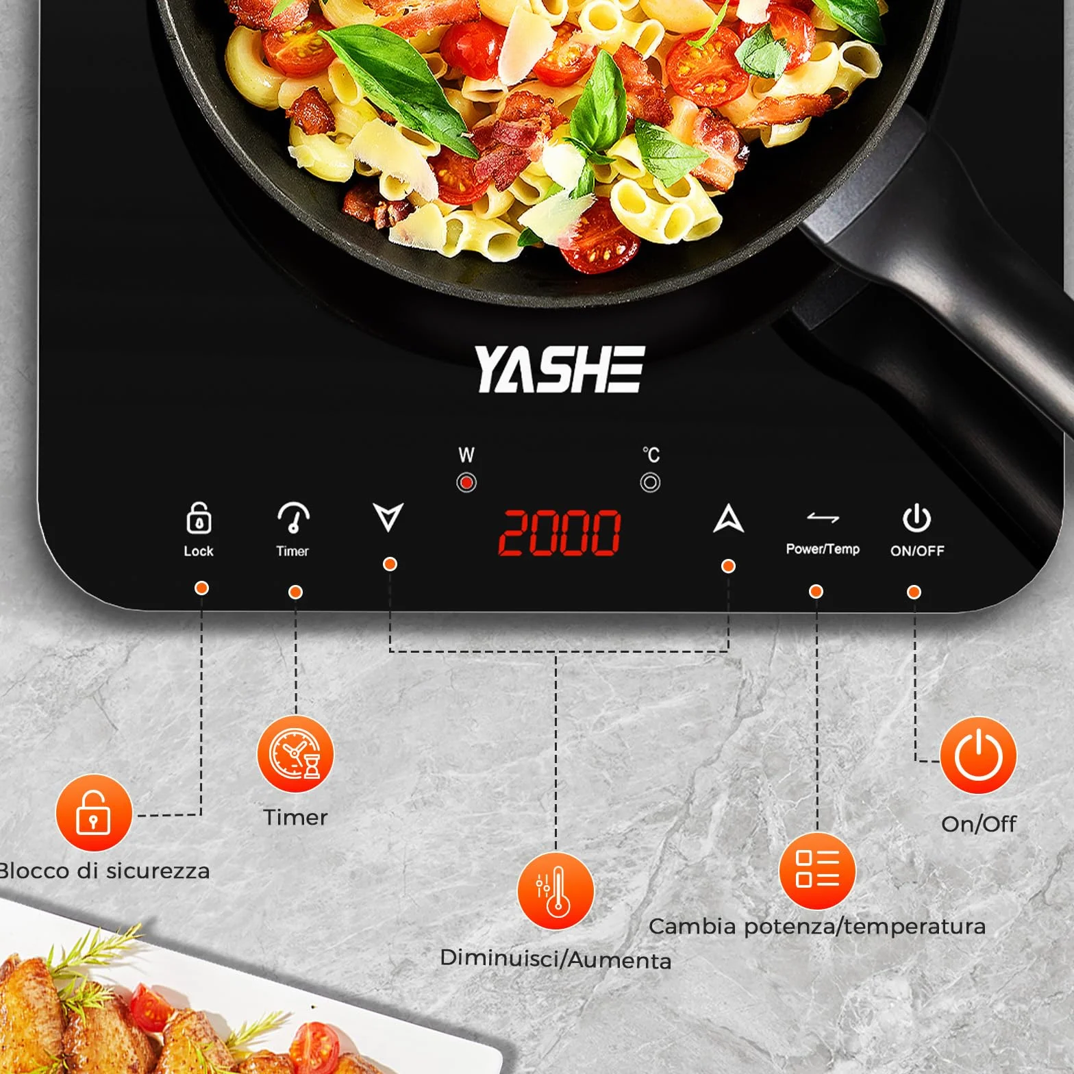 YASHE Piastra a Induzione Portatile 2000W Display LED Controllo Touch 10 Livelli Potenza Timer 4 Ore Blocco Bambini