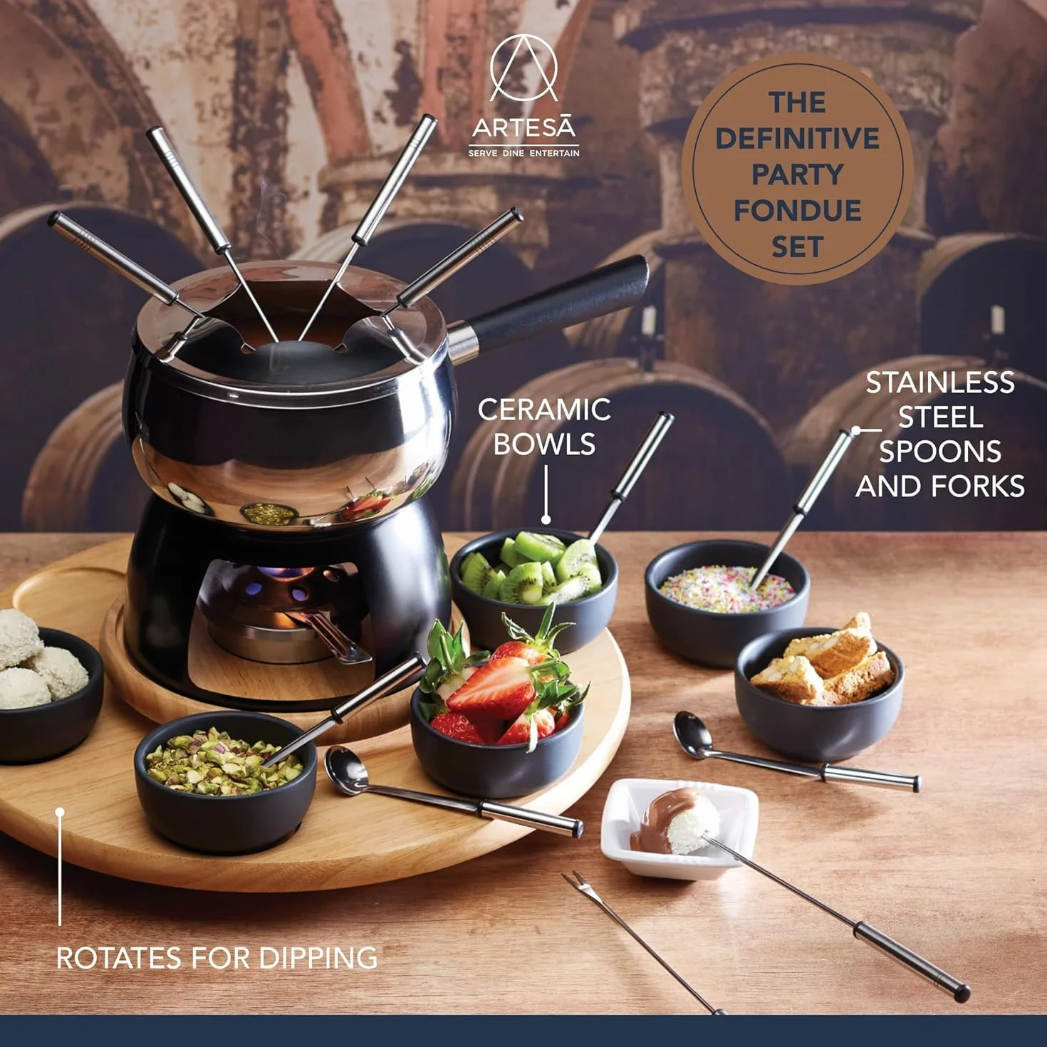Artesà Zestaw do Fondue z Lazy Susan, 22-częściowy, Stal Nierdzewna, Czarny