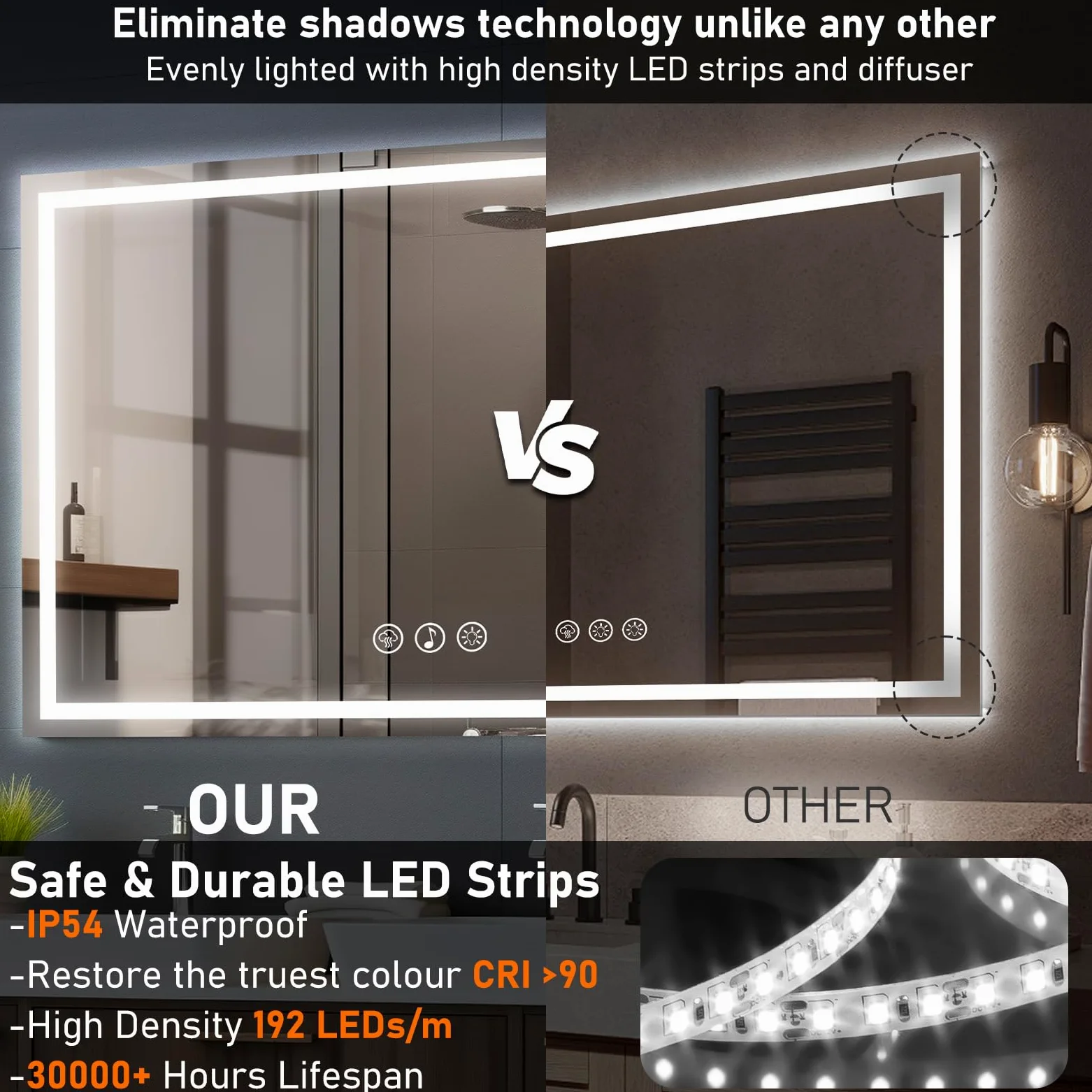 70x100cm Specchio Bagno con Luce LED e Bluetooth, Specchio da Parete Antideflagrante con Luminosità Regolabile，3 Colori Luce, IP44 impermeabile, vetro temperato, Orizzontale/Verticale