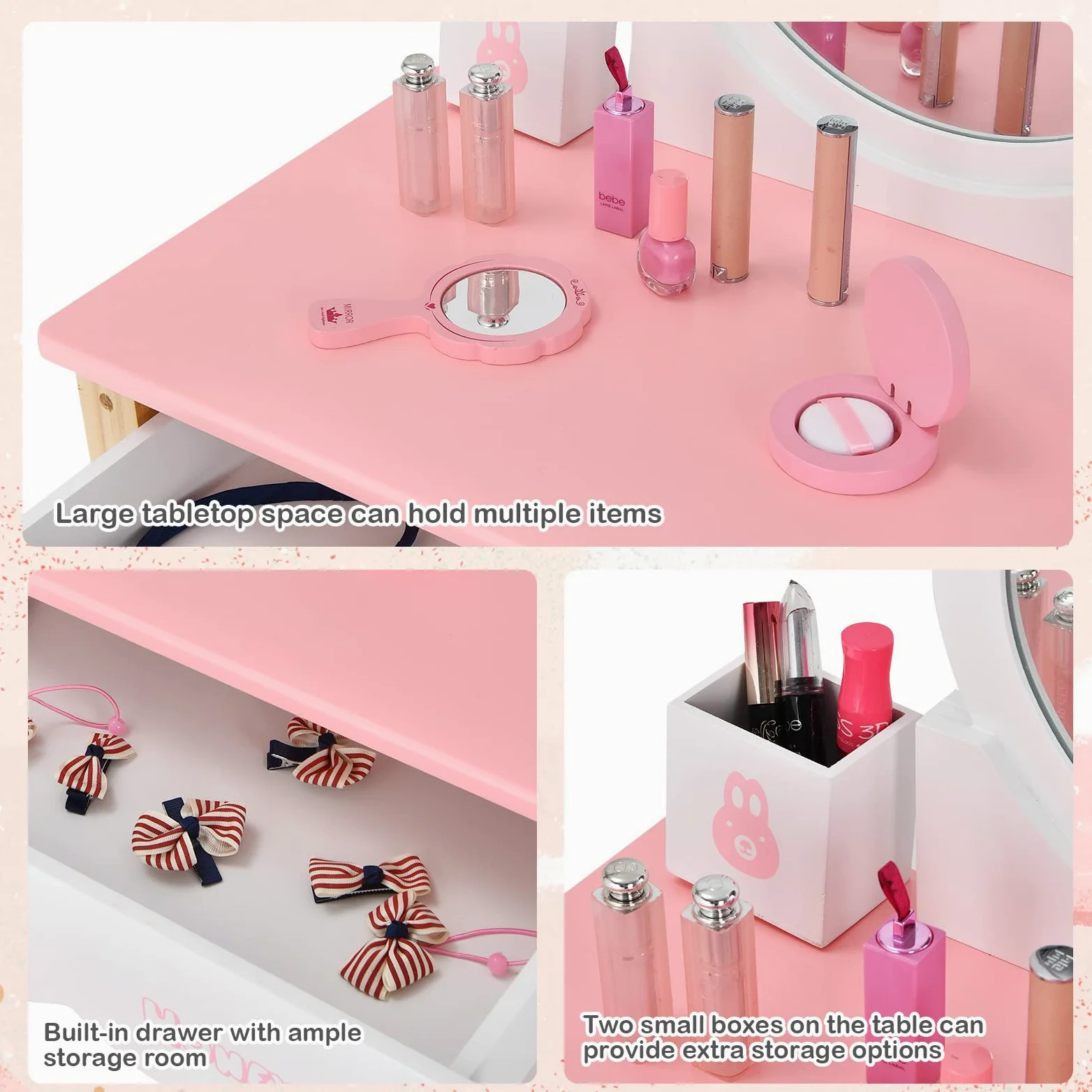 RELAX4LIFE 2 in 1 Toeletta Trucco Bambina con Sgabello, Scrivania con Specchio Rotondo Rimovibile, Cassetto con Manopola e 2 Organizer Porta Trucchi/Penne (Rosa)