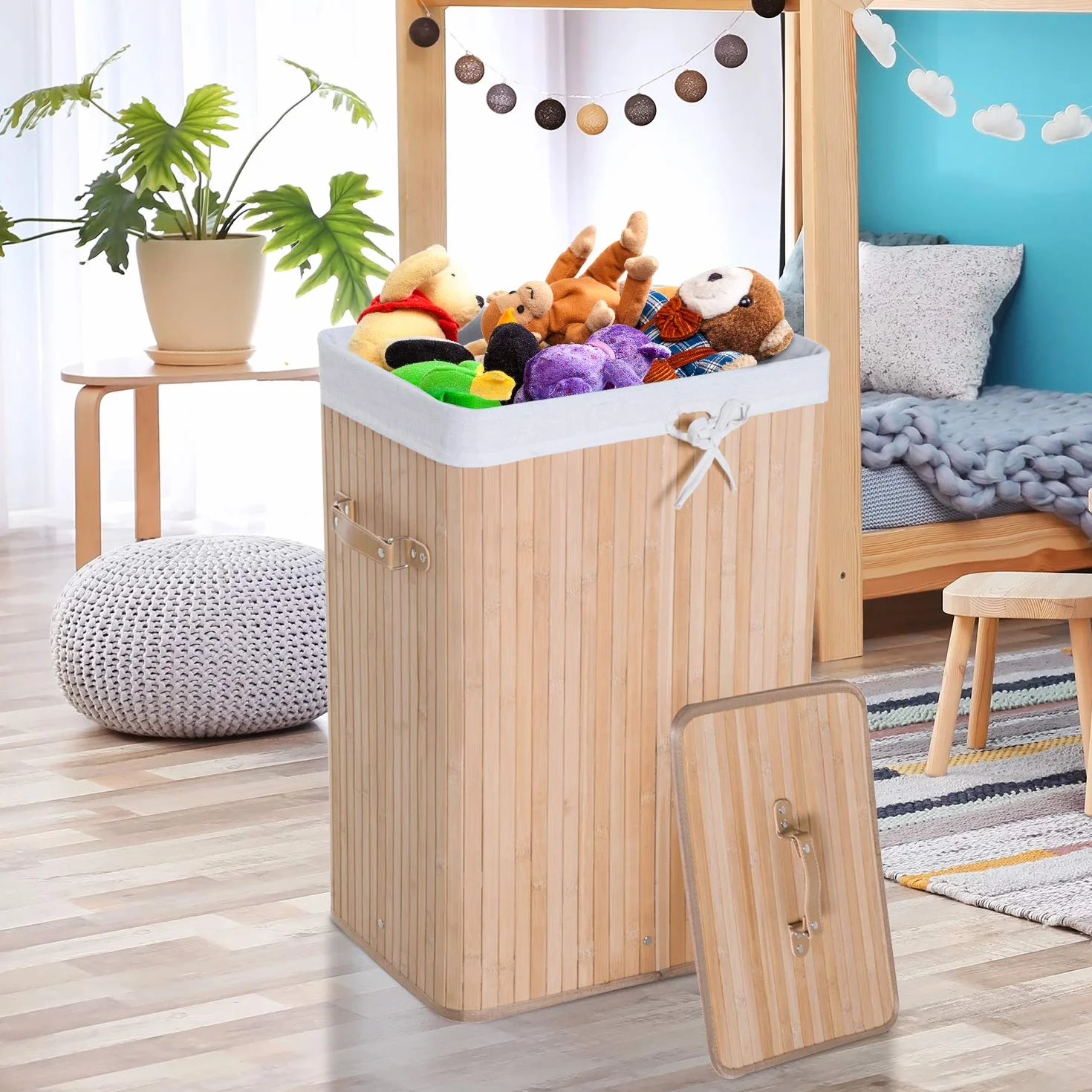 HOMCOM Cesto Portabiancheria in Bambù con Coperchio, Cestino per Biancheria con Sacco in Tessuto Rimovibile, 40x30x60cm, Naturale