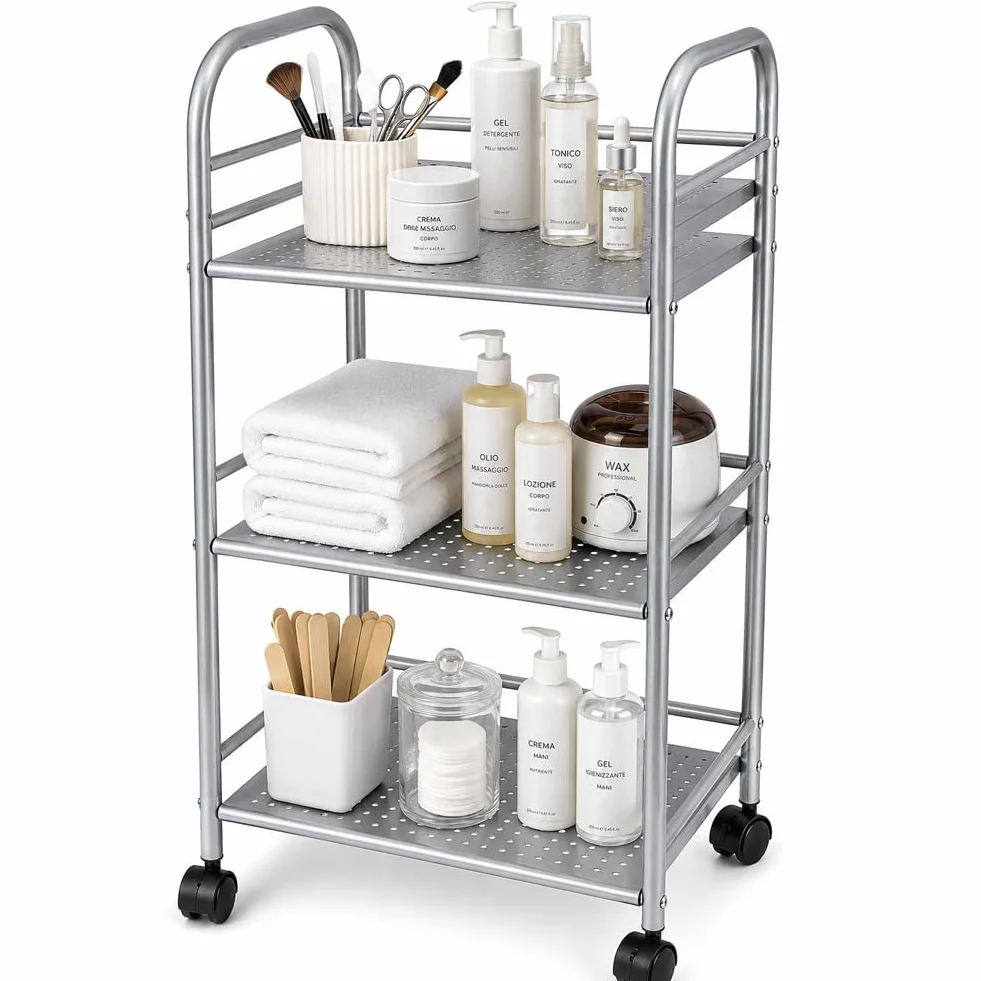 Carrello Portaoggetti in Metallo 3 Ripiani 4 Ruote Girevoli 40x35x75cm Argento