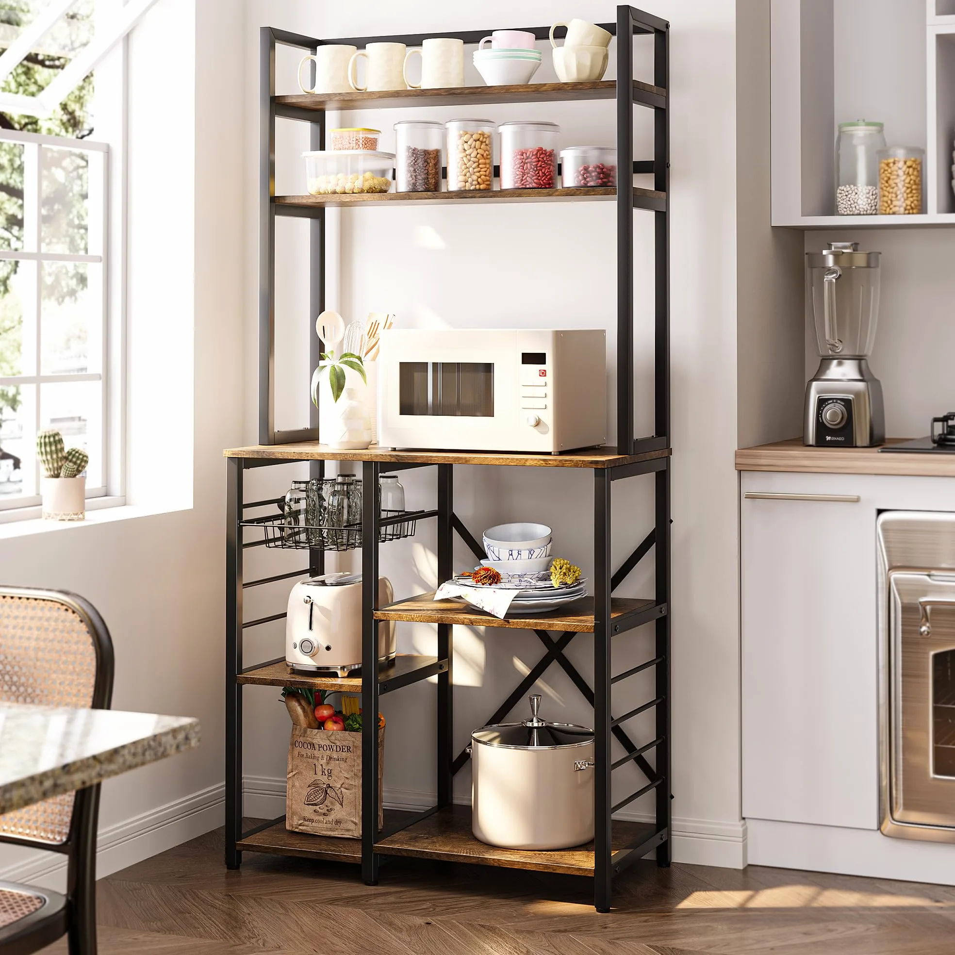 Bealife Scaffale da Cucina per Panetteria, Scaffale a 5 Ripiani con Ganci Laterali e Cestello in Filo, Scaffali in Legno e Metallo, Stile Industriale, 80,5x40,1x169,2 cm (Retro)