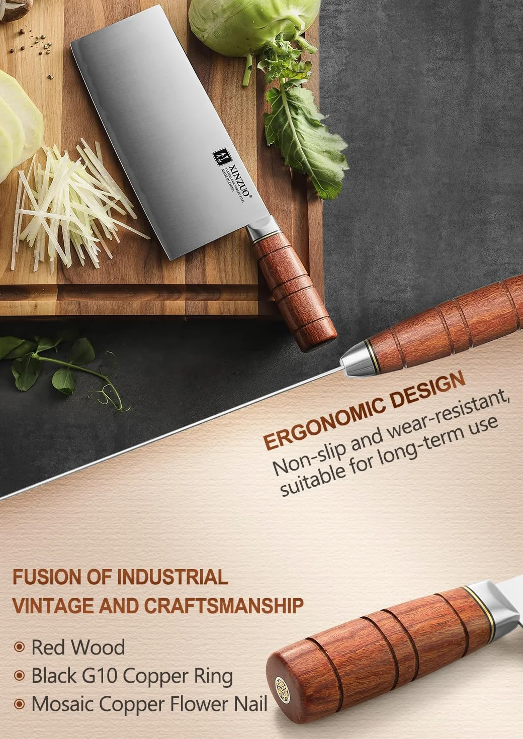 XINZUO 20,5cm Coltello da Cuoco Cinese Acciaio Composito 3 Strati Coltello da Chef Multifunzione -Professionale Acciaio Inossidabile Tagliente Mannaia Cinese -Manico Ergonomico in Red Wood