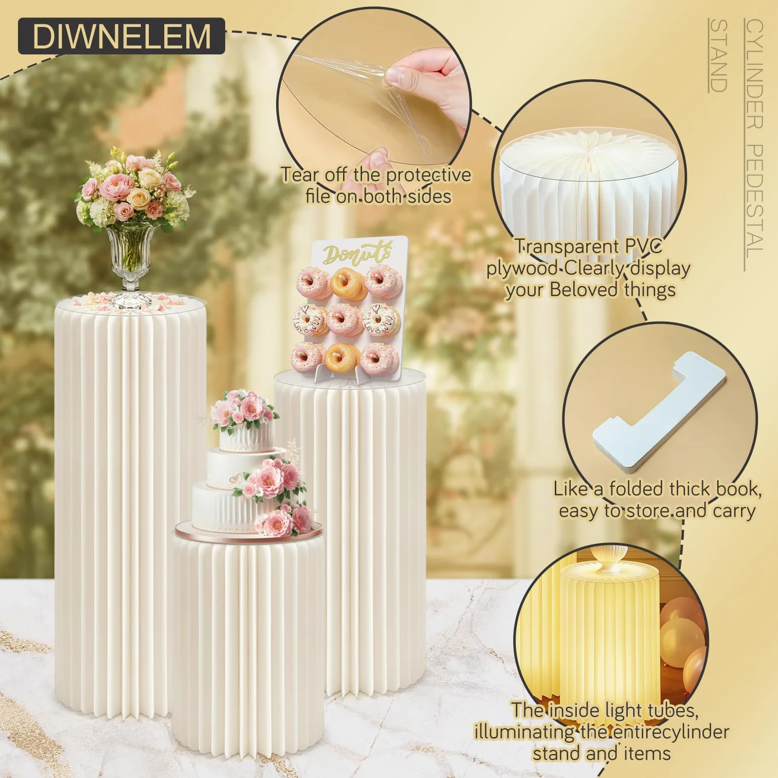 3 supporti cilindrici con luce per feste con piedistallo rotondo leggero supporto cilindrico piedistallo pieghevole in cartone colonne cilindriche tavoli per baby shower compleanno matrimonio