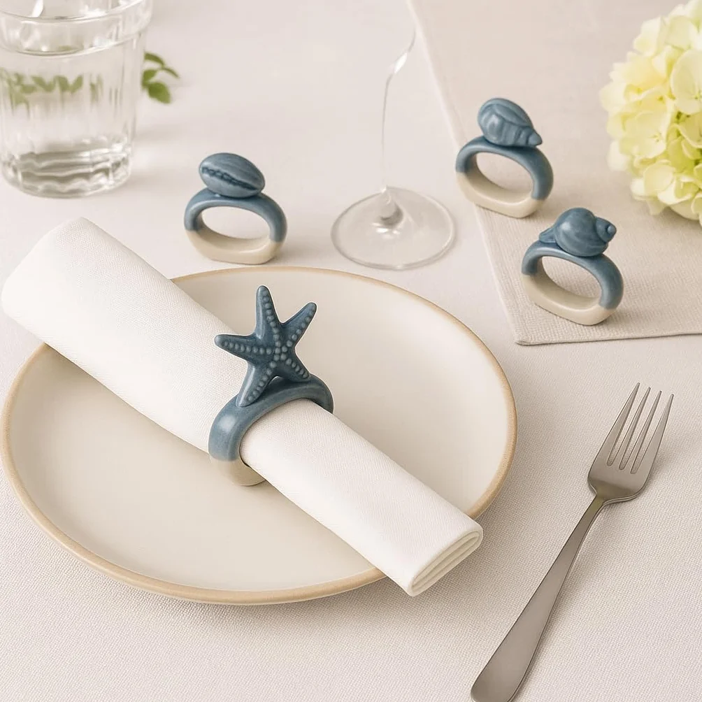 MARINE 12x PORTATOVAGLIOLI in CERAMICA anello per tovagliolo Complemento per Tavola Cucina Tema Mare Decorazione per la Casa, Spiaggia, Barca Decorazioni (Bianco e Azzurro) 6x3x h.3,5 cm