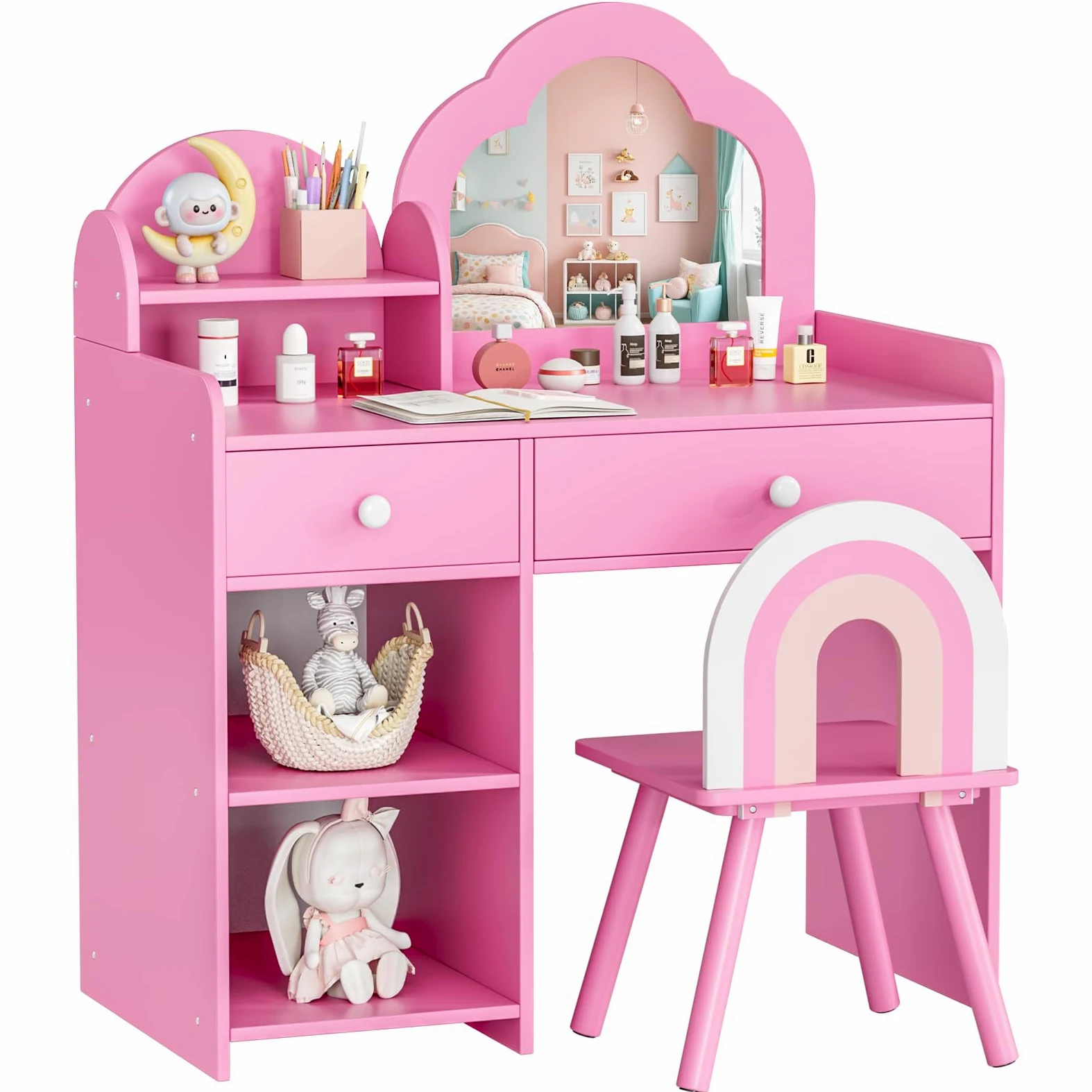 MAMIZO Toeletta Trucco Bambina, Tavolino da Trucco per Bambine con Specchio Rimovibile, 2 in 1 Toeletta per Bambini con Sgabello e Cassetti, Robusto e Stabile, 73,5x40x90,5cm (Rosa)