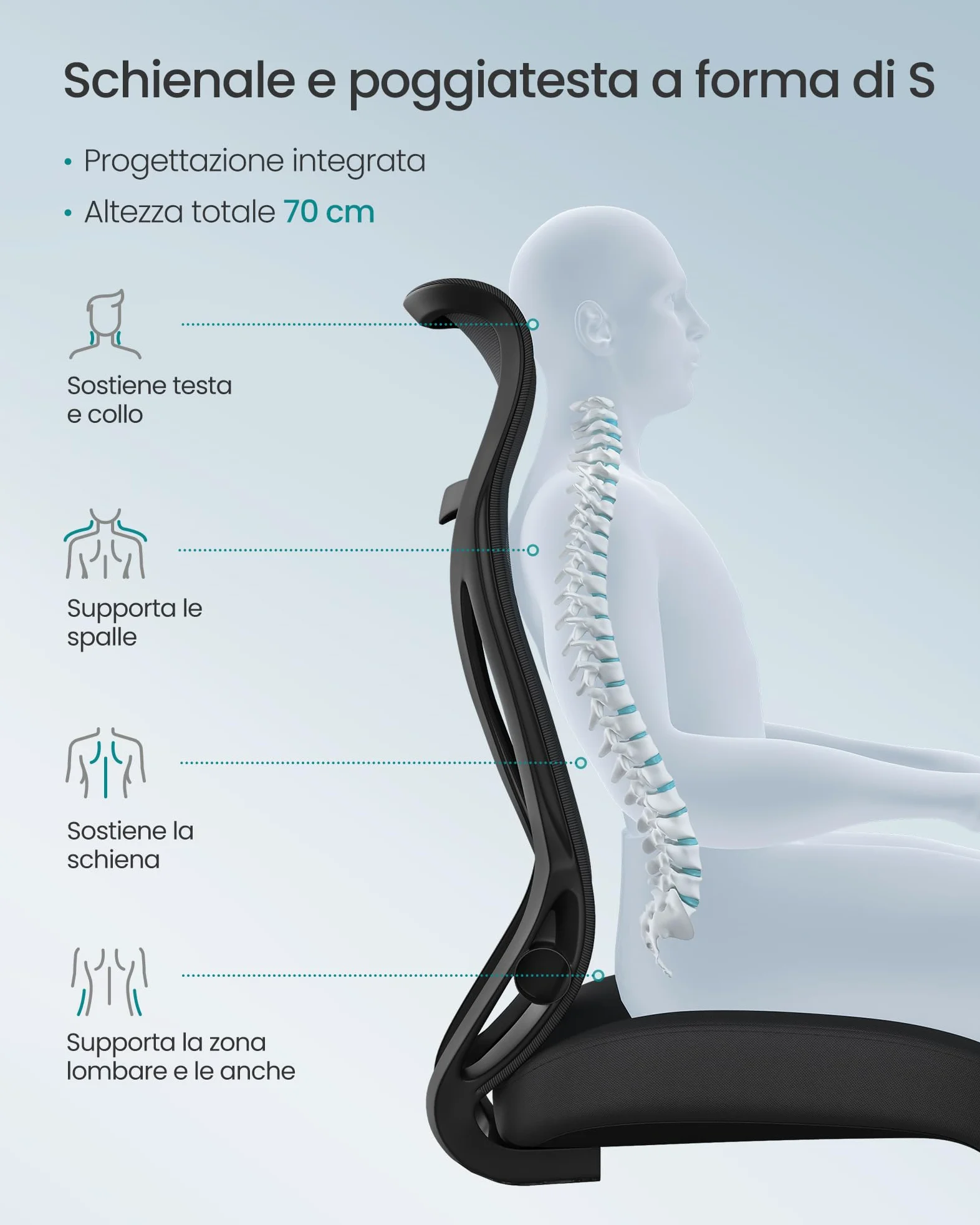 SONGMICS Sedia da Ufficio, Sedia da Scrivania, Schienale Ergonomico, Altezza Regolabile, Braccioli Ribaltabili, Poltrona Girevole con Poggiatesta, Portata 150 kg, Nero Inchiostro OBN088B01