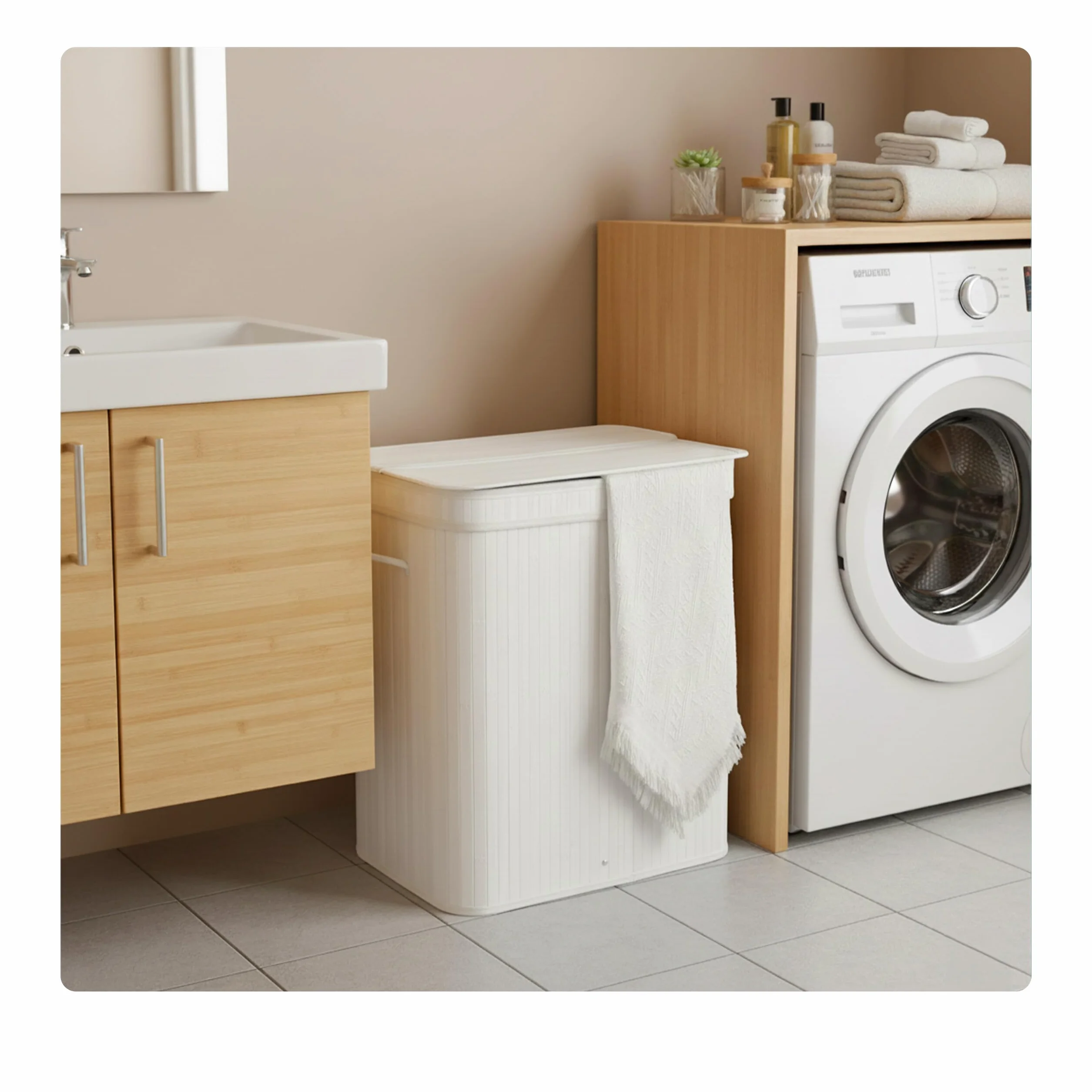 Relaxdays Cesto portabiancheria con Coperchio, bambù, 150 l, 3 Scomparti, HxLxP: 61,5x61x41,5 cm, Bagno, Bianco